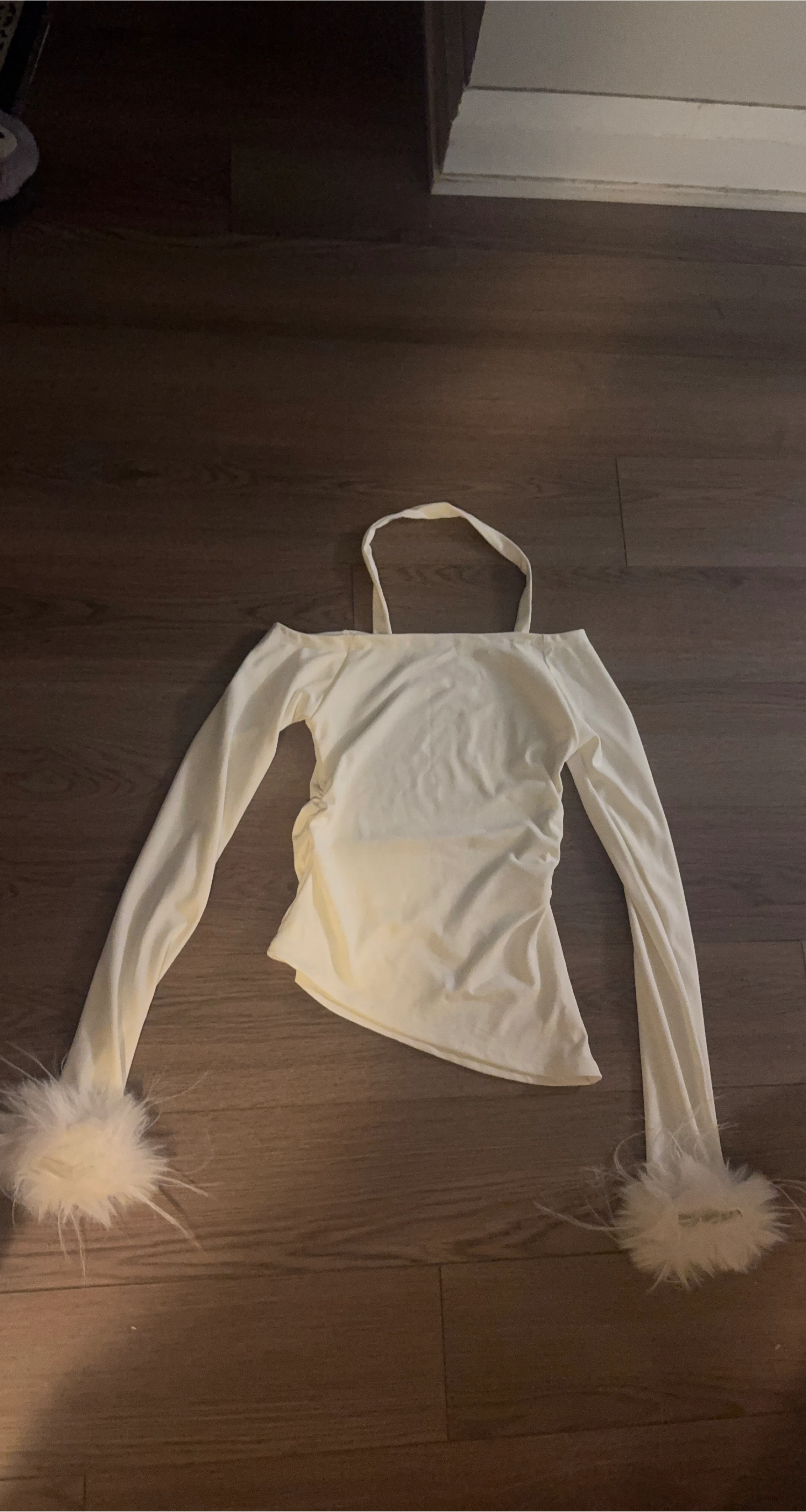 White Off-the-Shoulder Top with Feather Cuffs