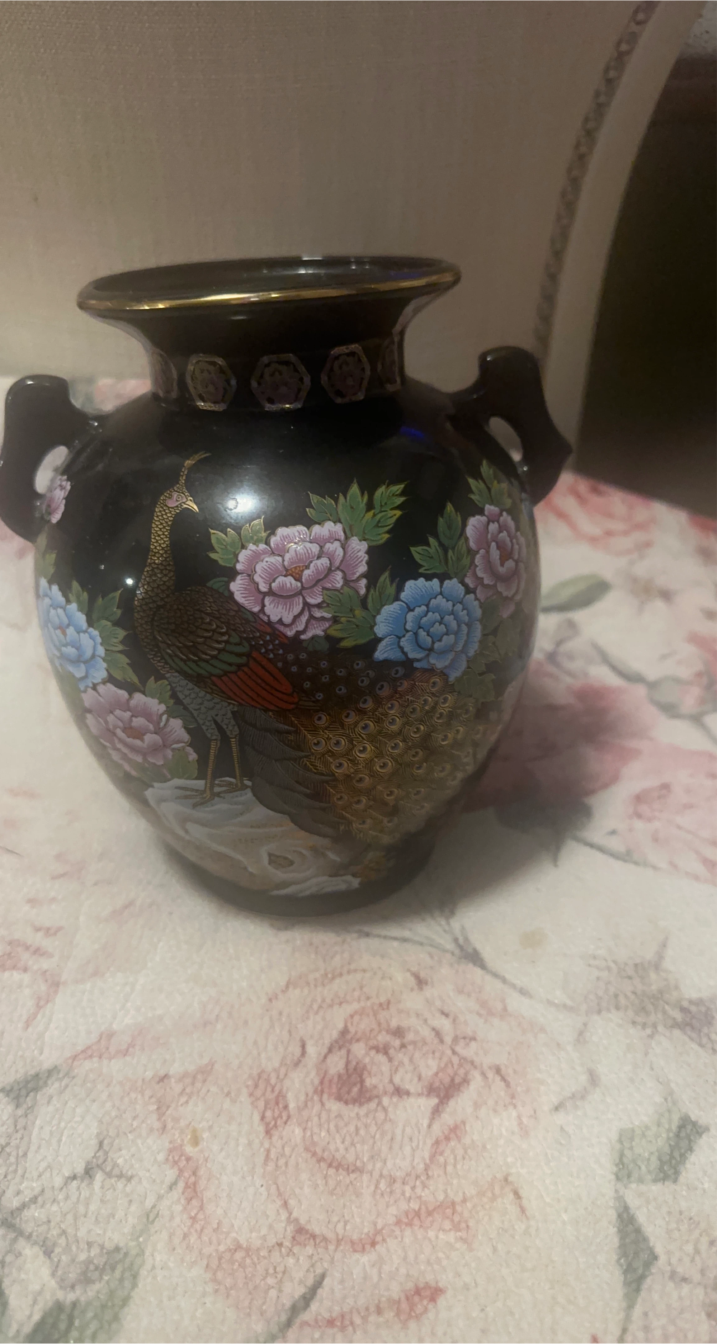Black Vase with Peacock and Floral Design