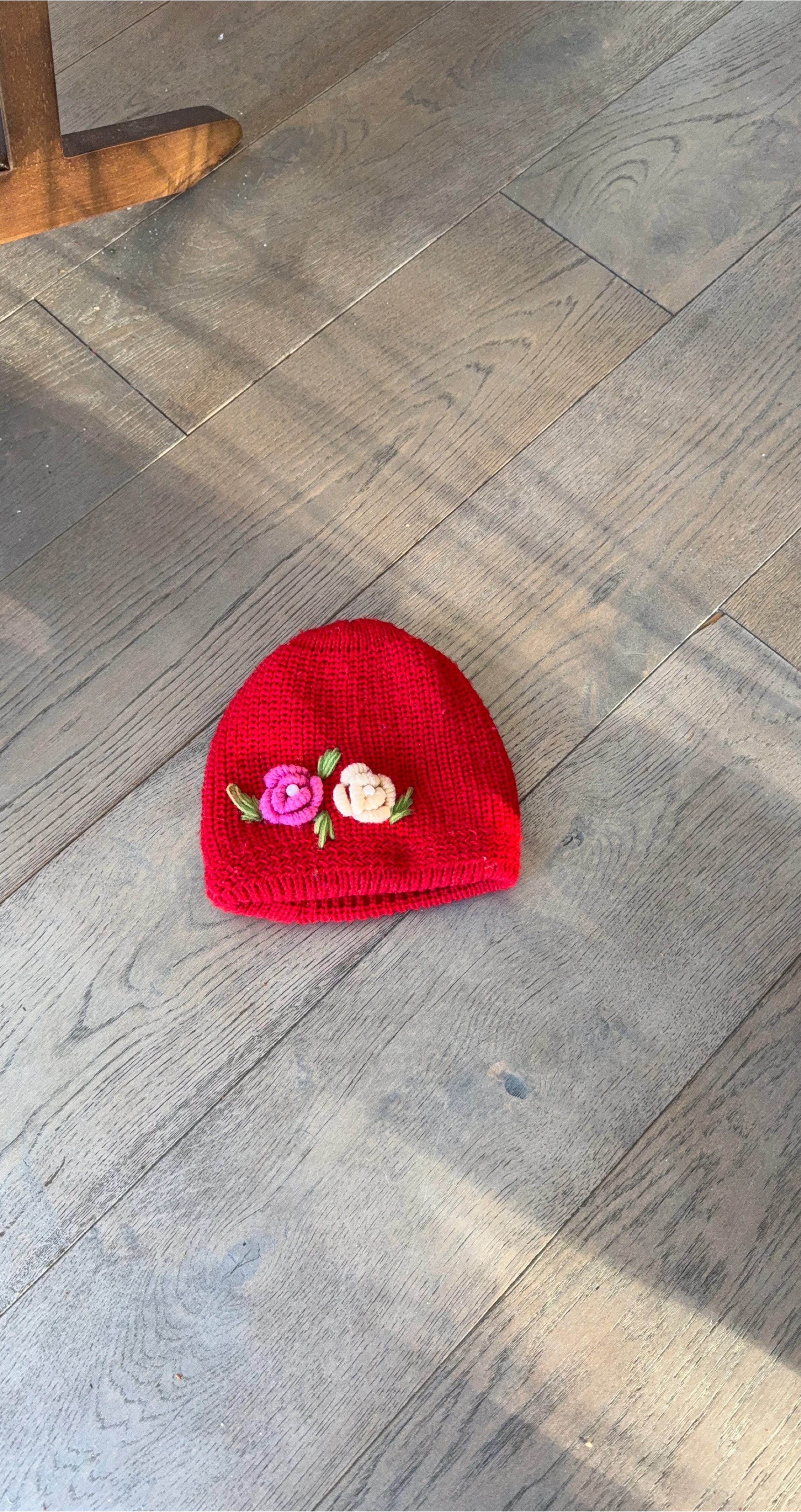 Red Knit Beanie with Floral Design
