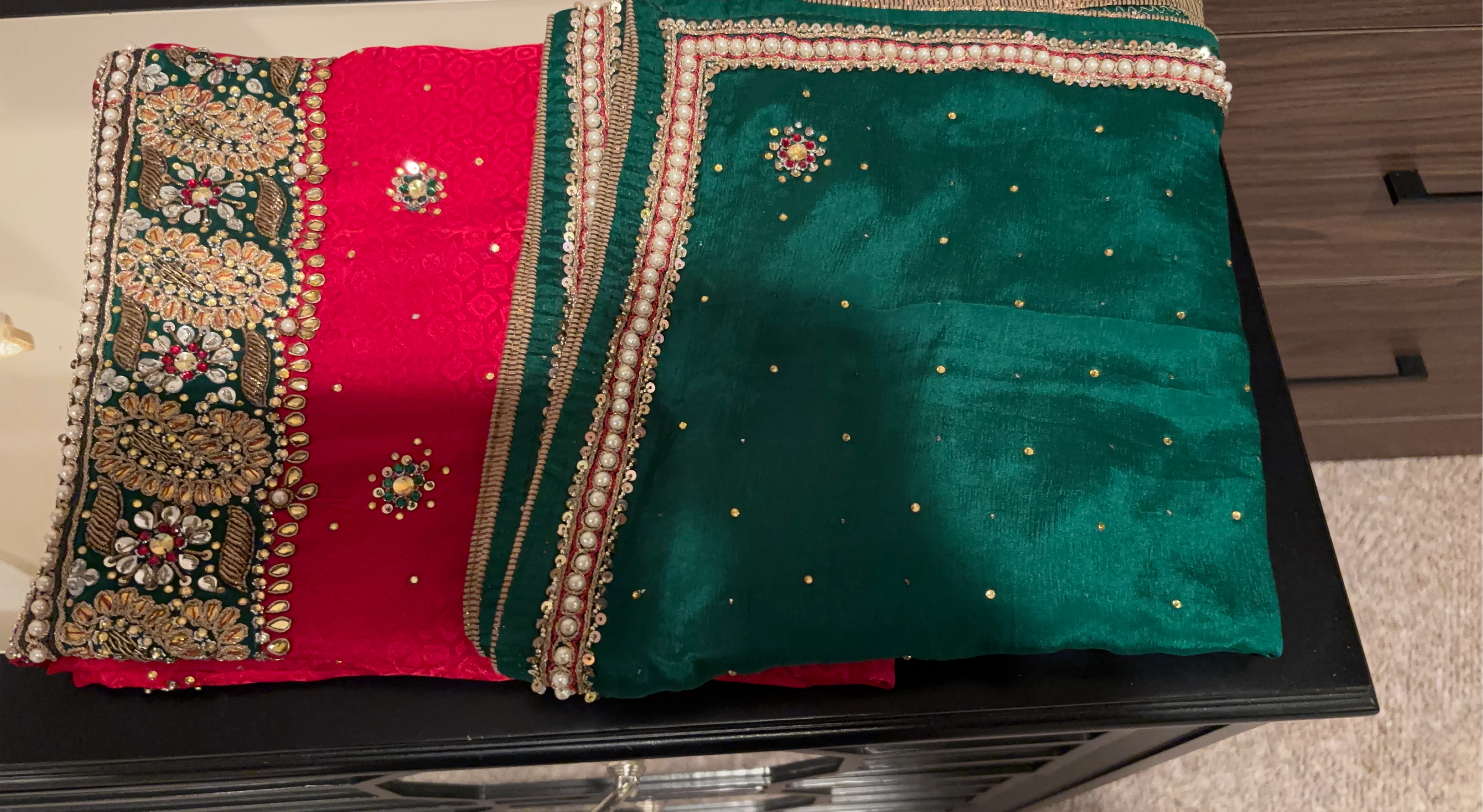 Red & Green Embellished Suit material