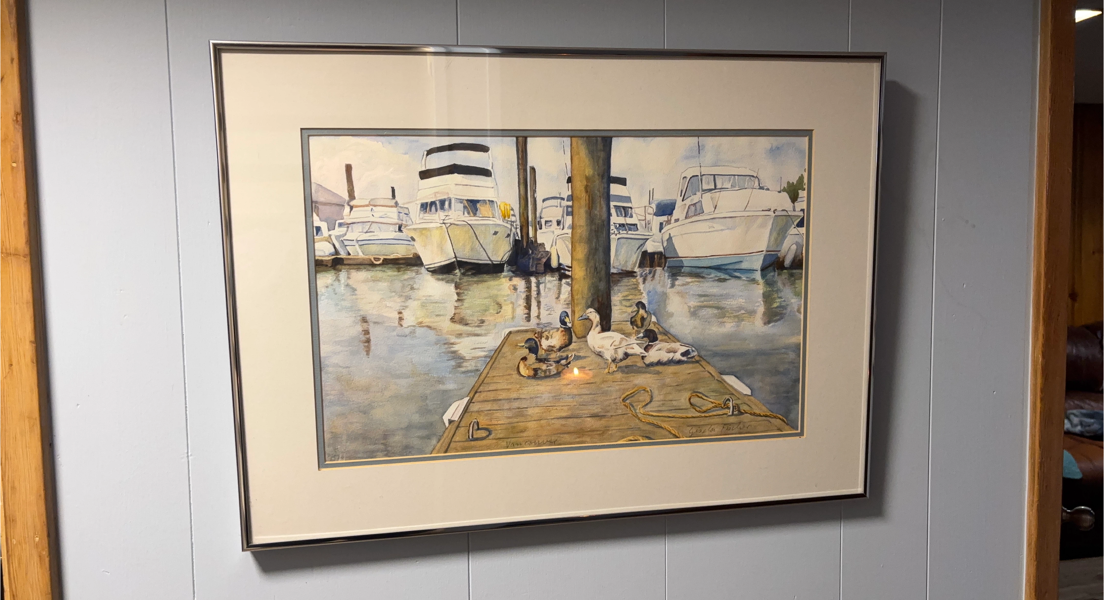 Framed Watercolor Painting - Boats and Ducks