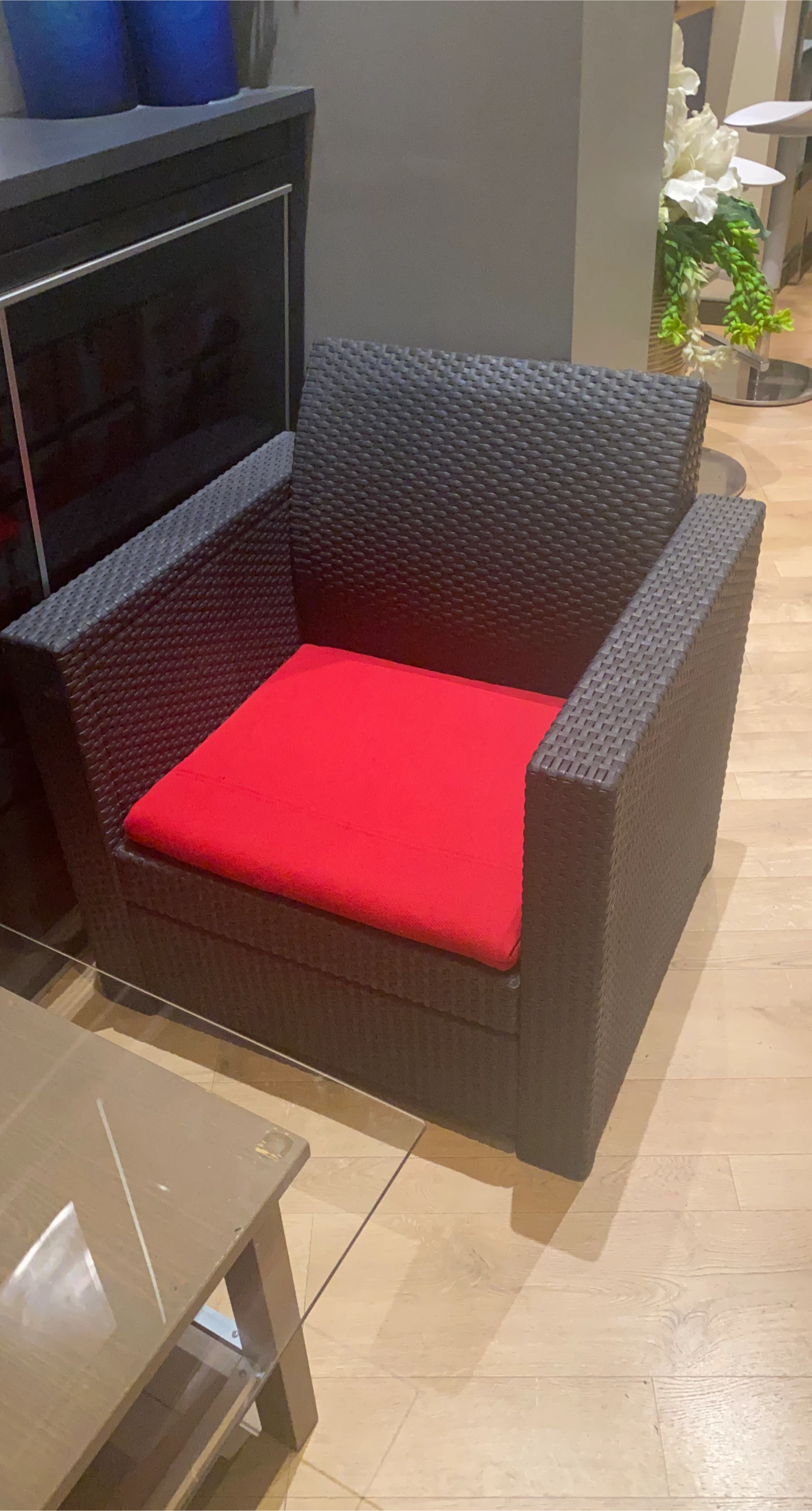 Wicker Patio Chair with Red Cushion