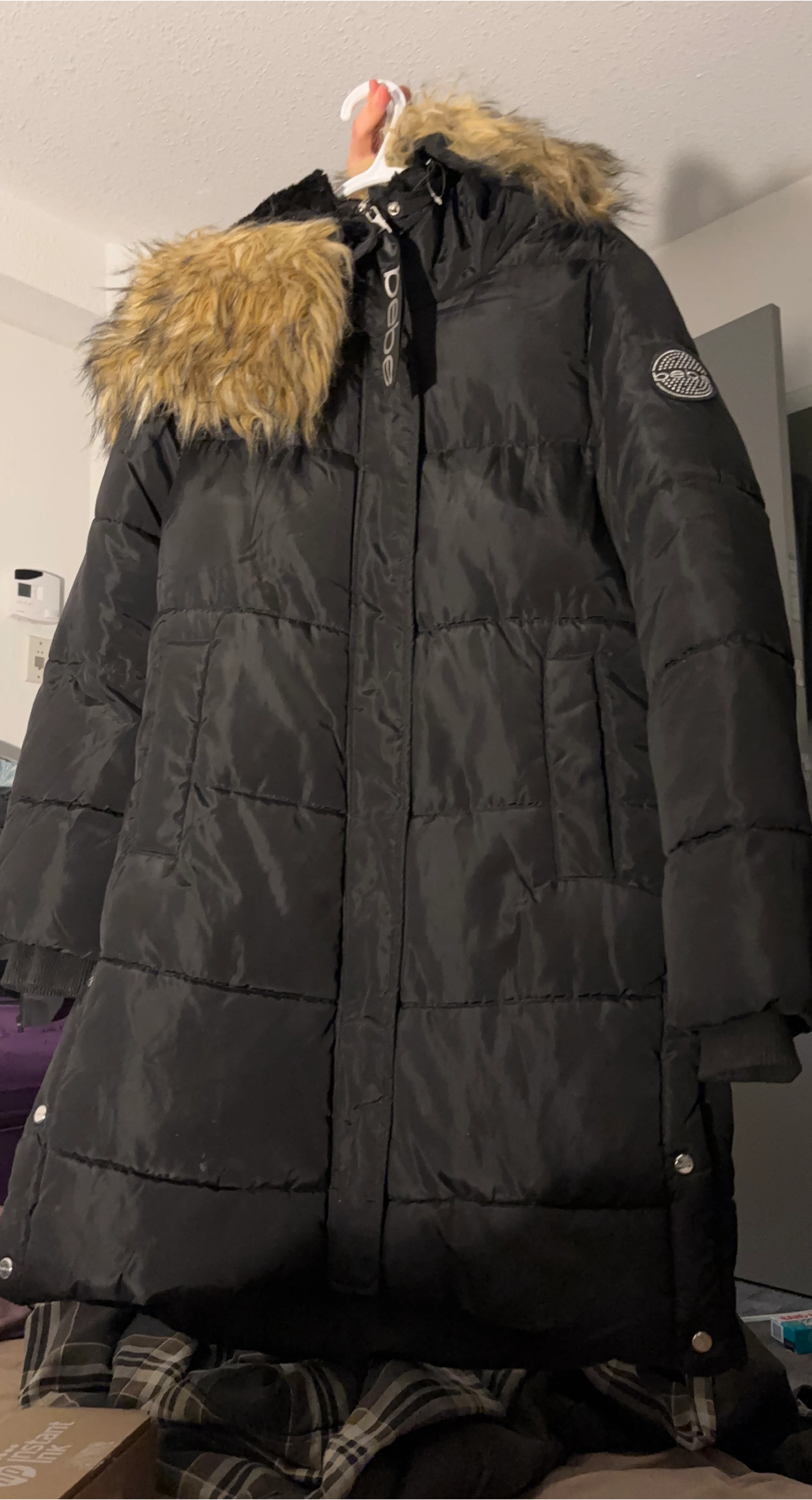 bebe Black Puffer Jacket with Faux Fur Hood