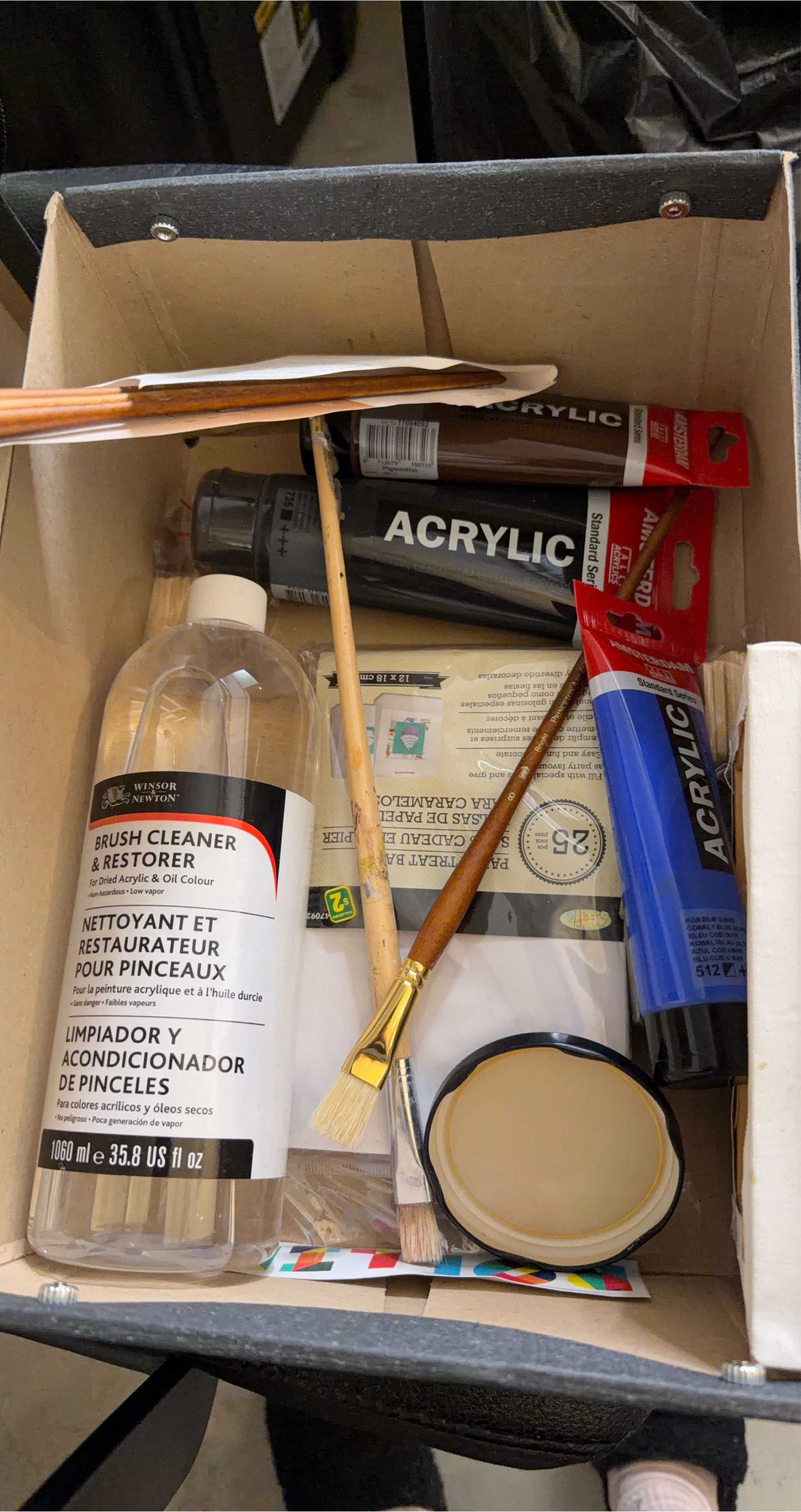 Art Supplies: Acrylic Paint, Brushes, Cleaner