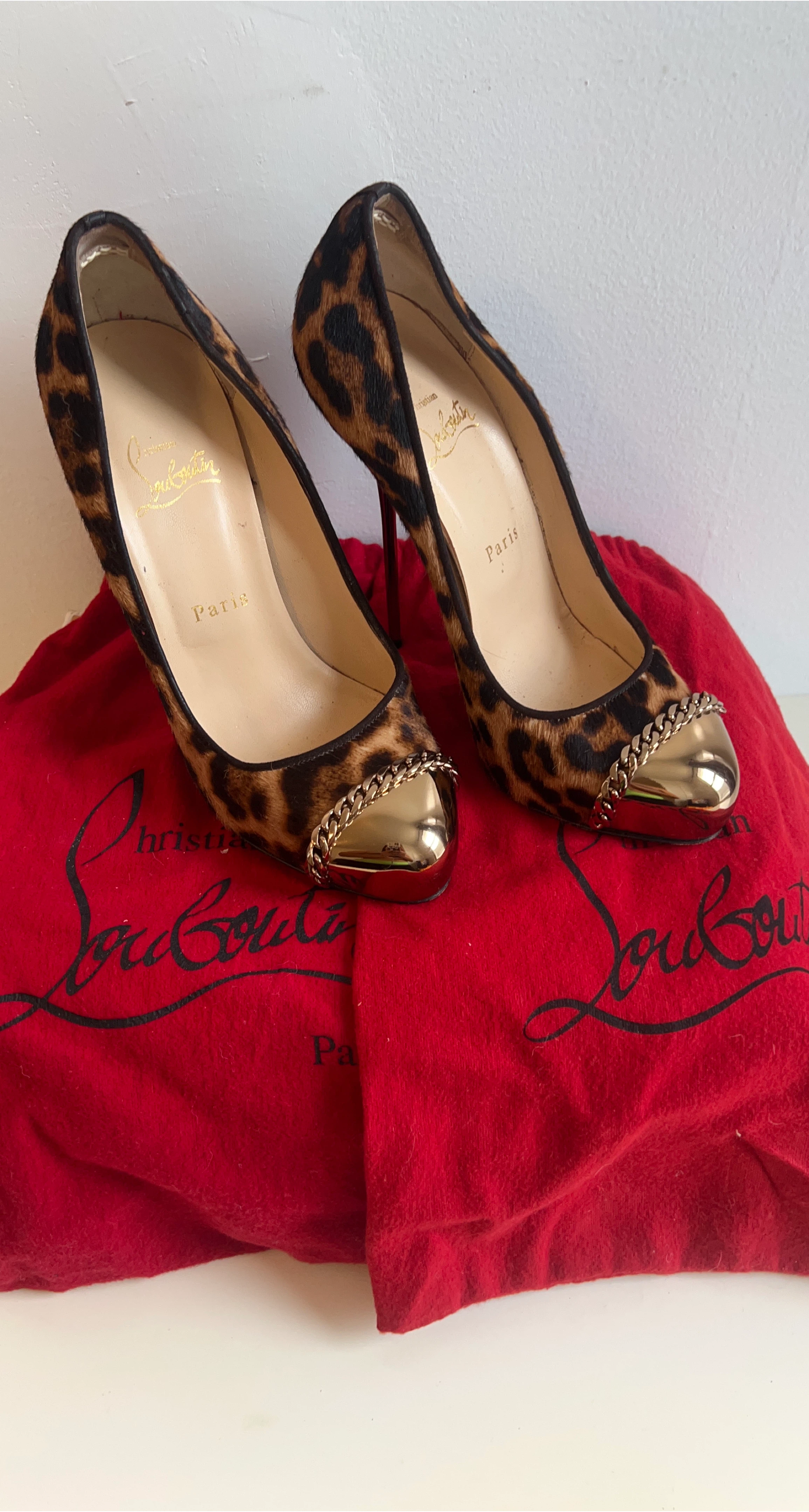 Christian Louboutin Leopard Print Heels with Gold Cap Toe