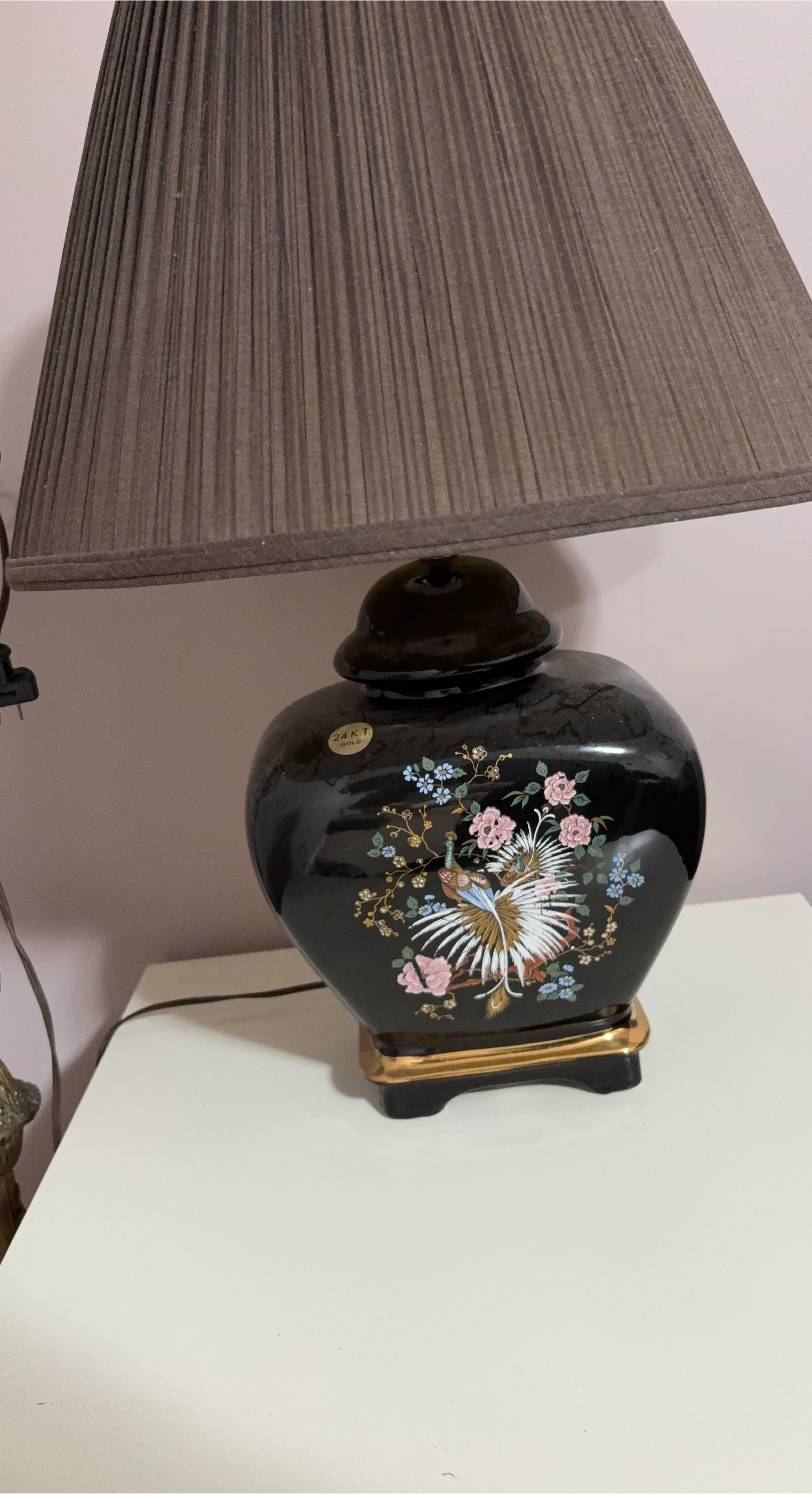 Black Ceramic Lamp with Peacock Design
