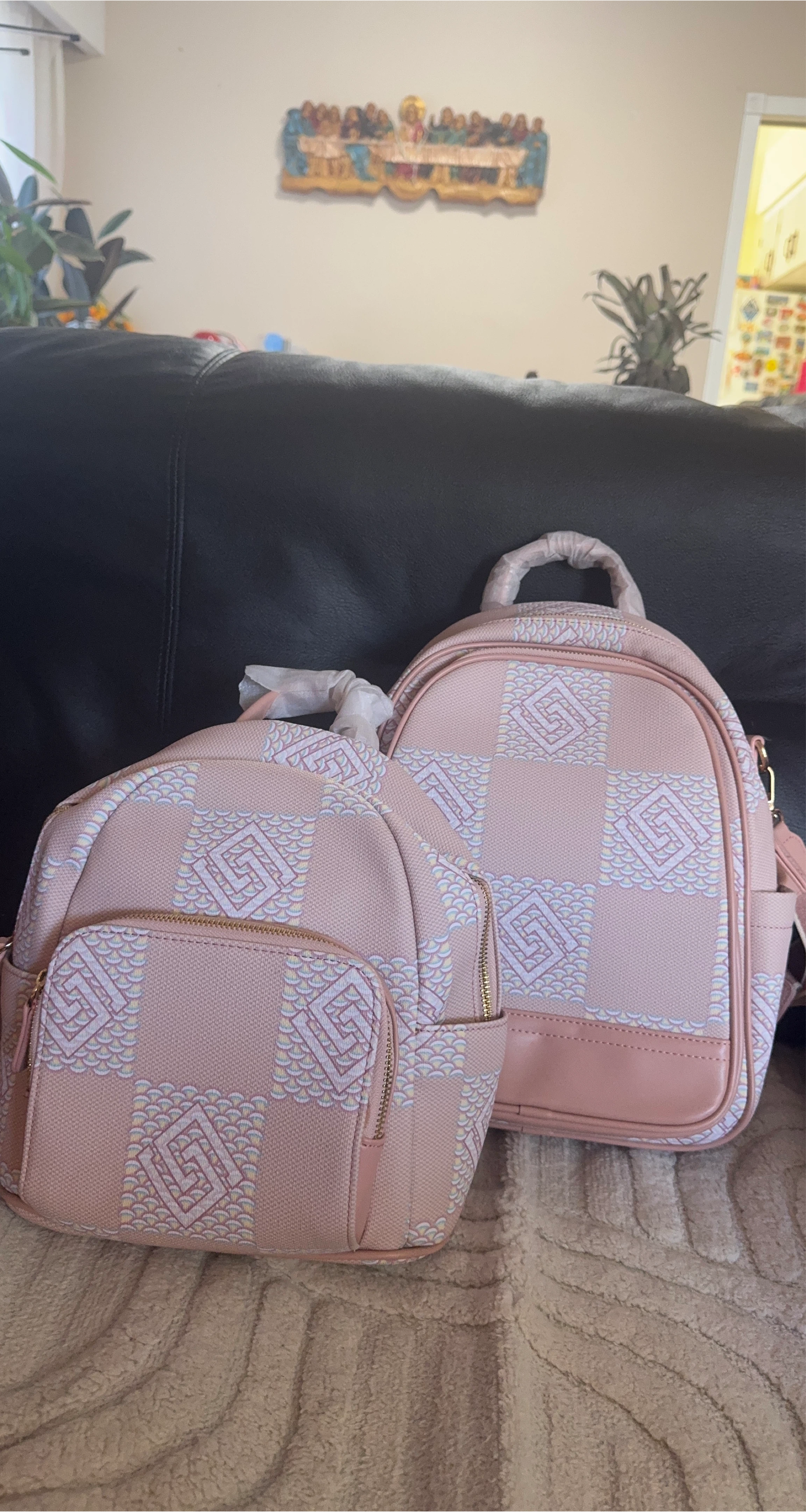 Pink Medium and mini Backpack with Geometric Pattern