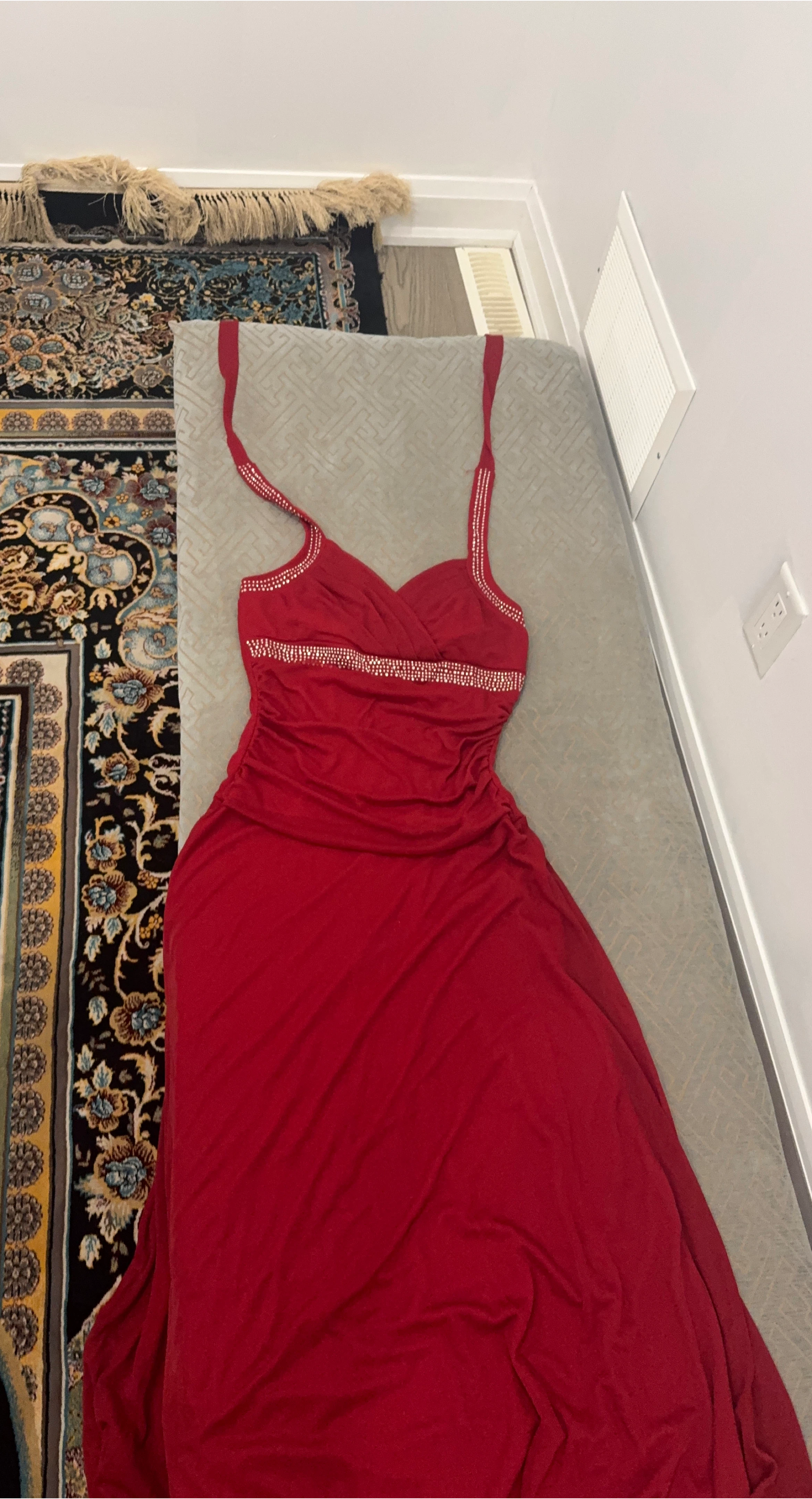 Red Ruched Maxi Dress with Rhinestone Embellishments