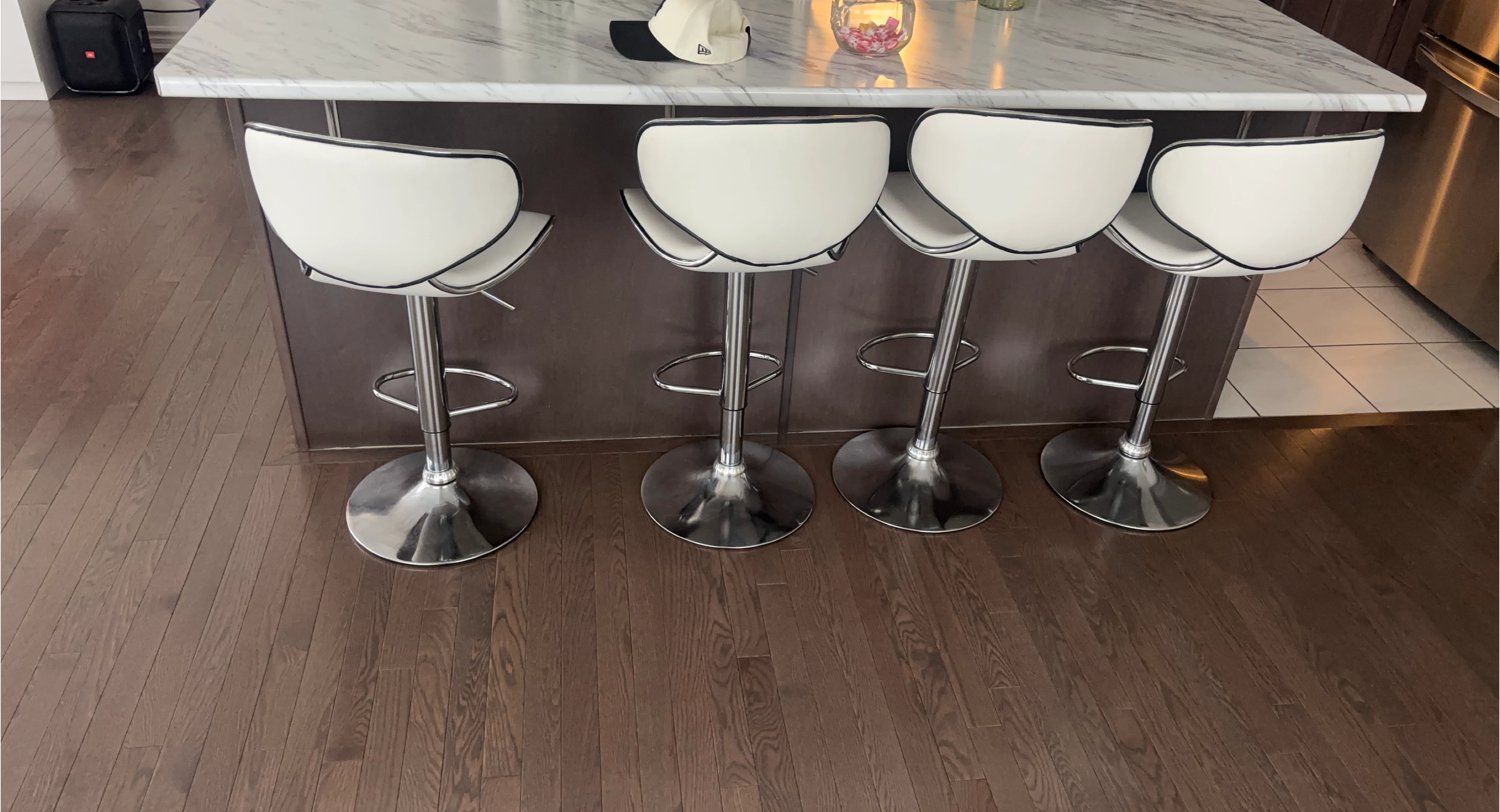 Set of 4 White Bar Stools with Chrome Base