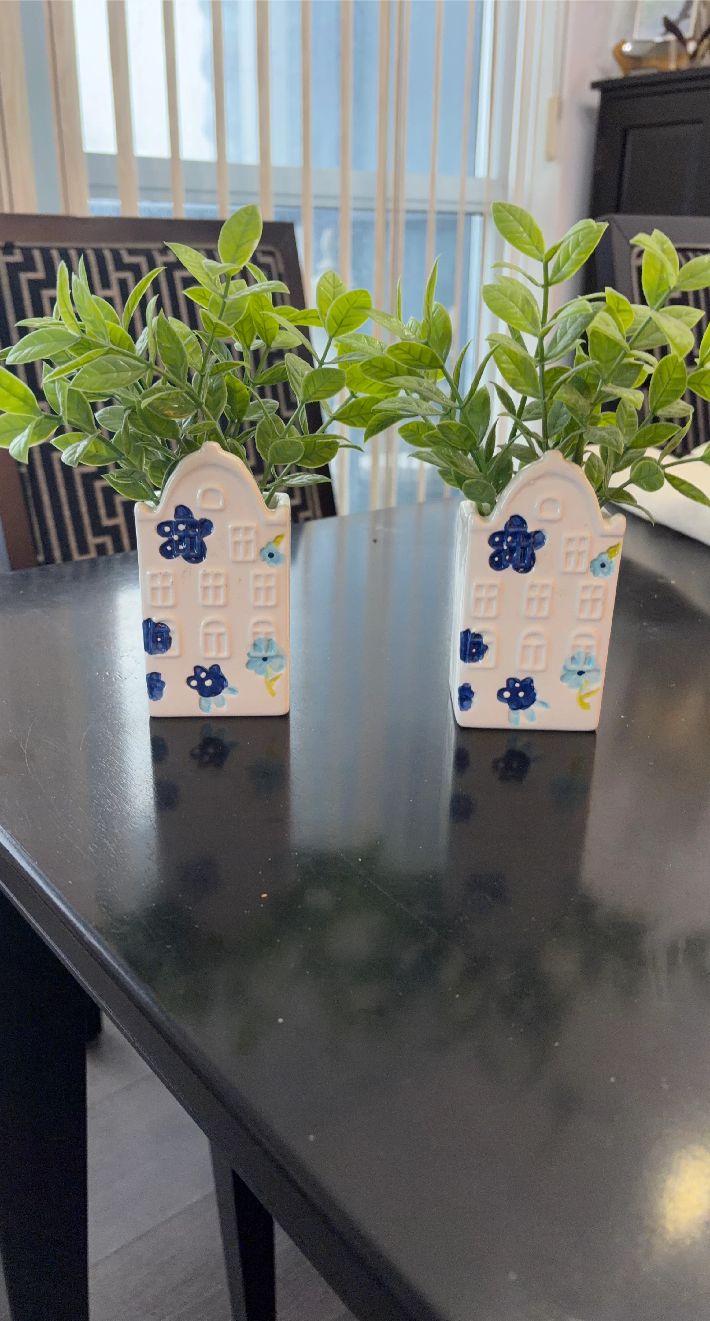 Set of 2 White Ceramic House Vases with Blue Floral Decor