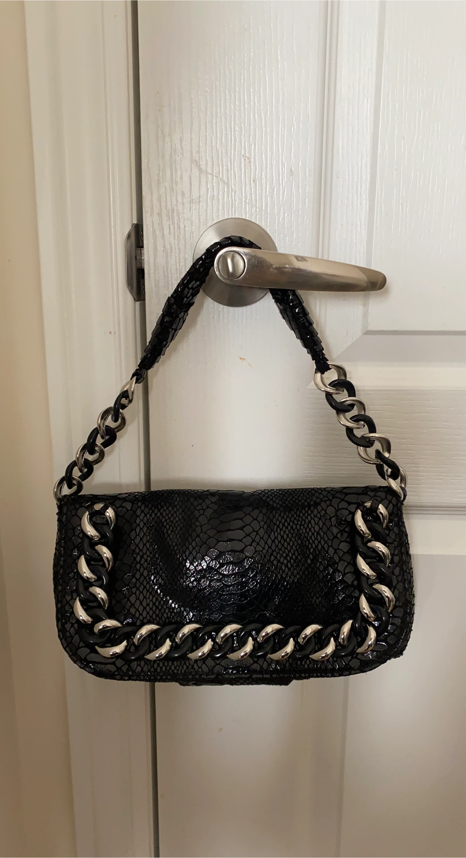 Black Snakeskin Clutch with Silver Chain Detail