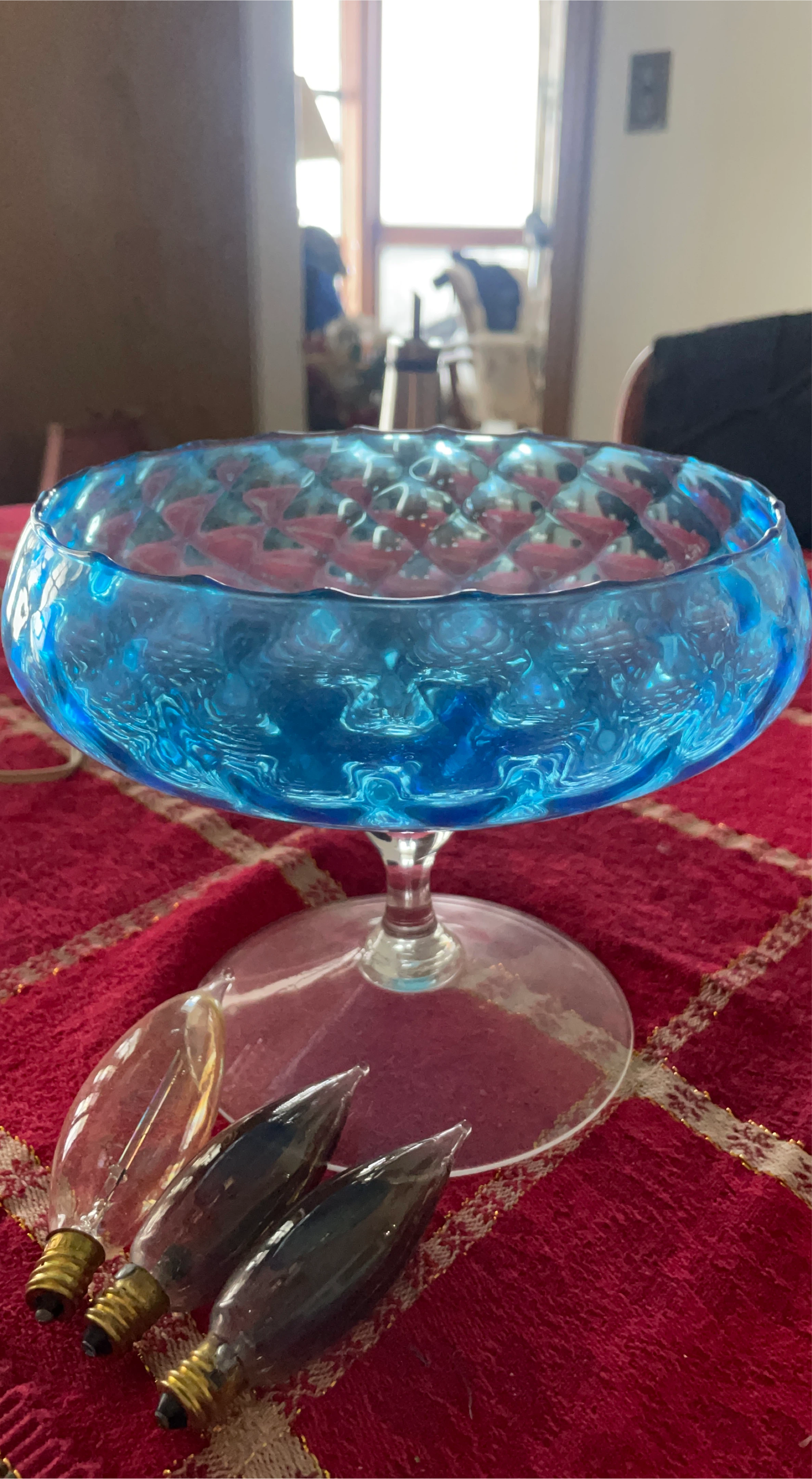 Blue Glass Pedestal Bowl with Light Bulbs