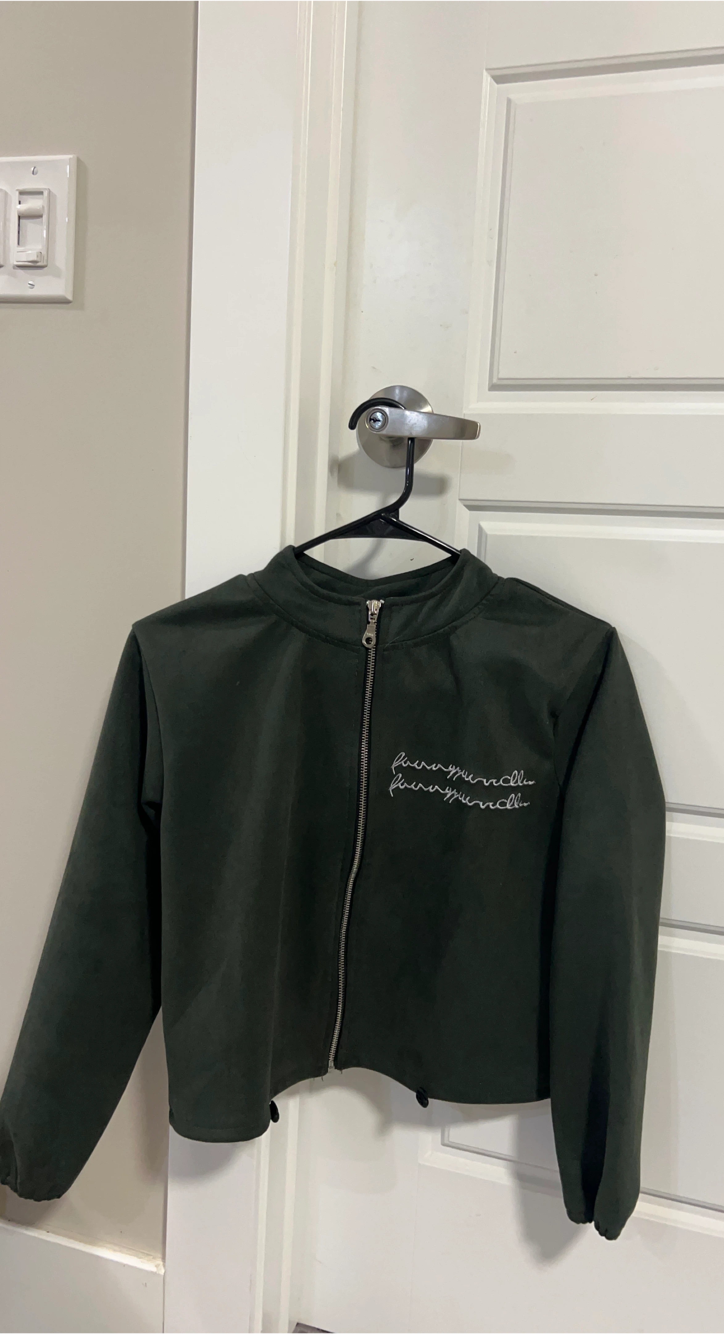 Dark Green Bomber Jacket with Embroidered Design