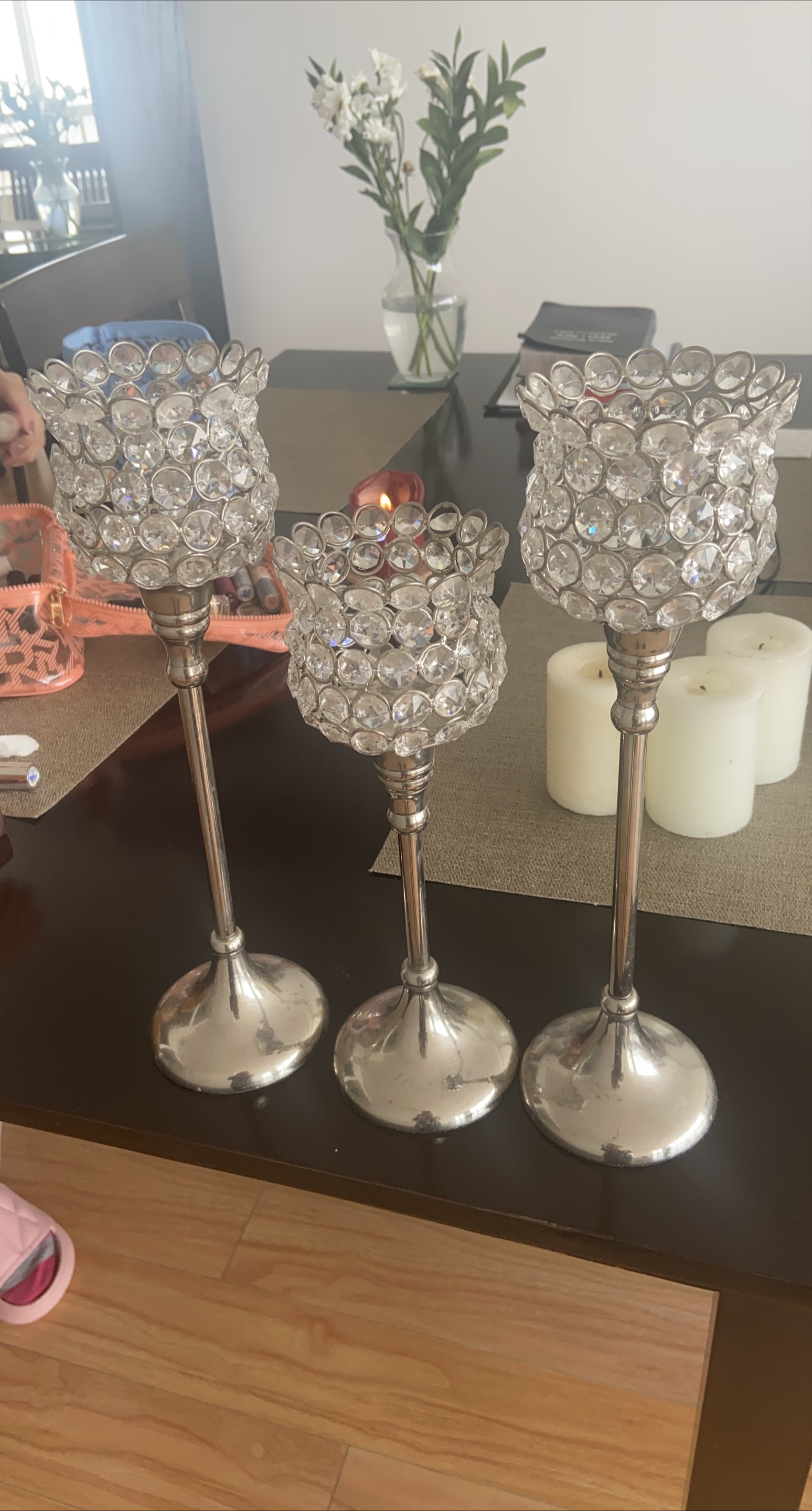 Set of 3 Crystal Beaded Candle Holders