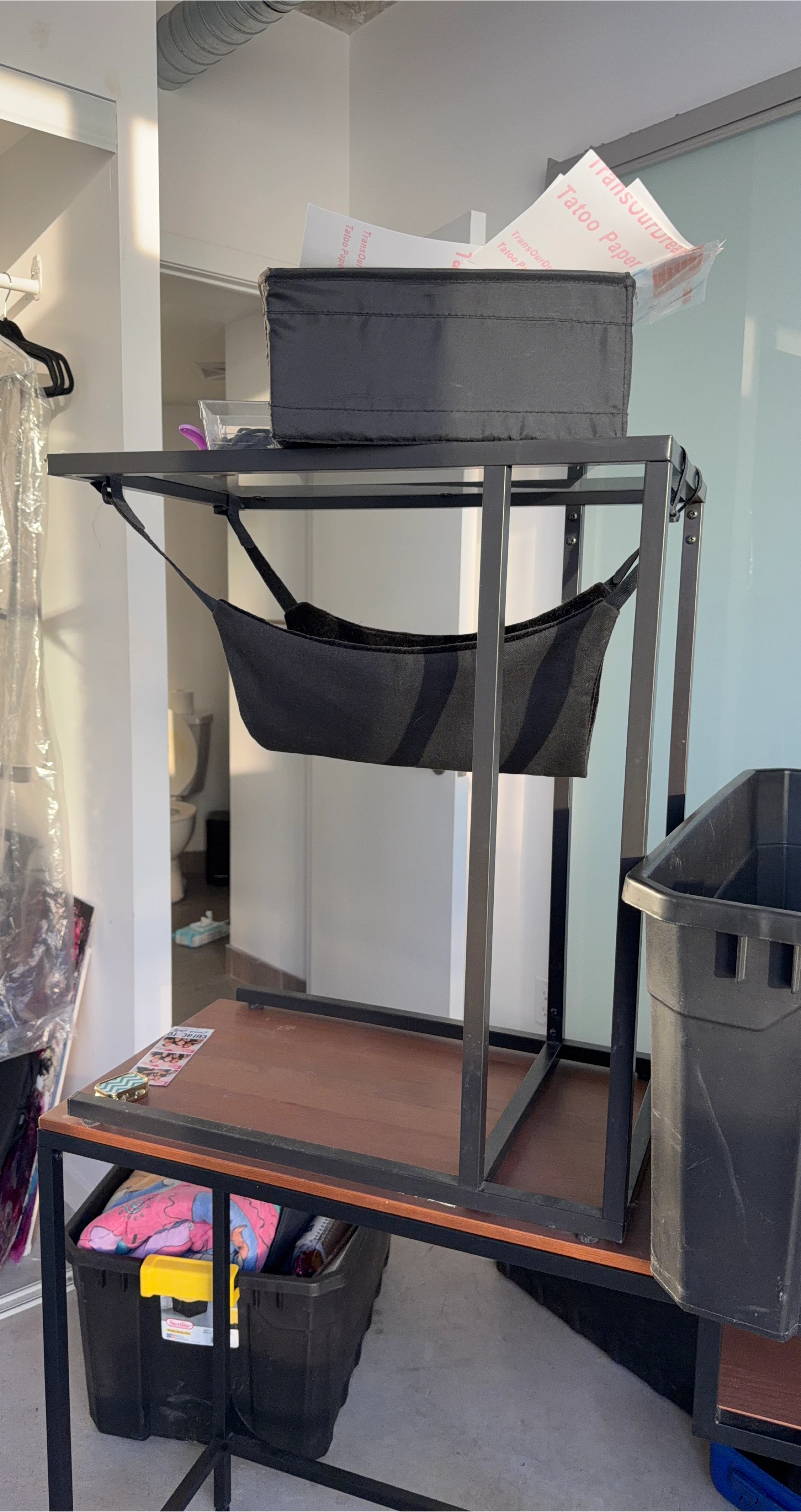 Black Metal Shelf Unit with Fabric Hammock
