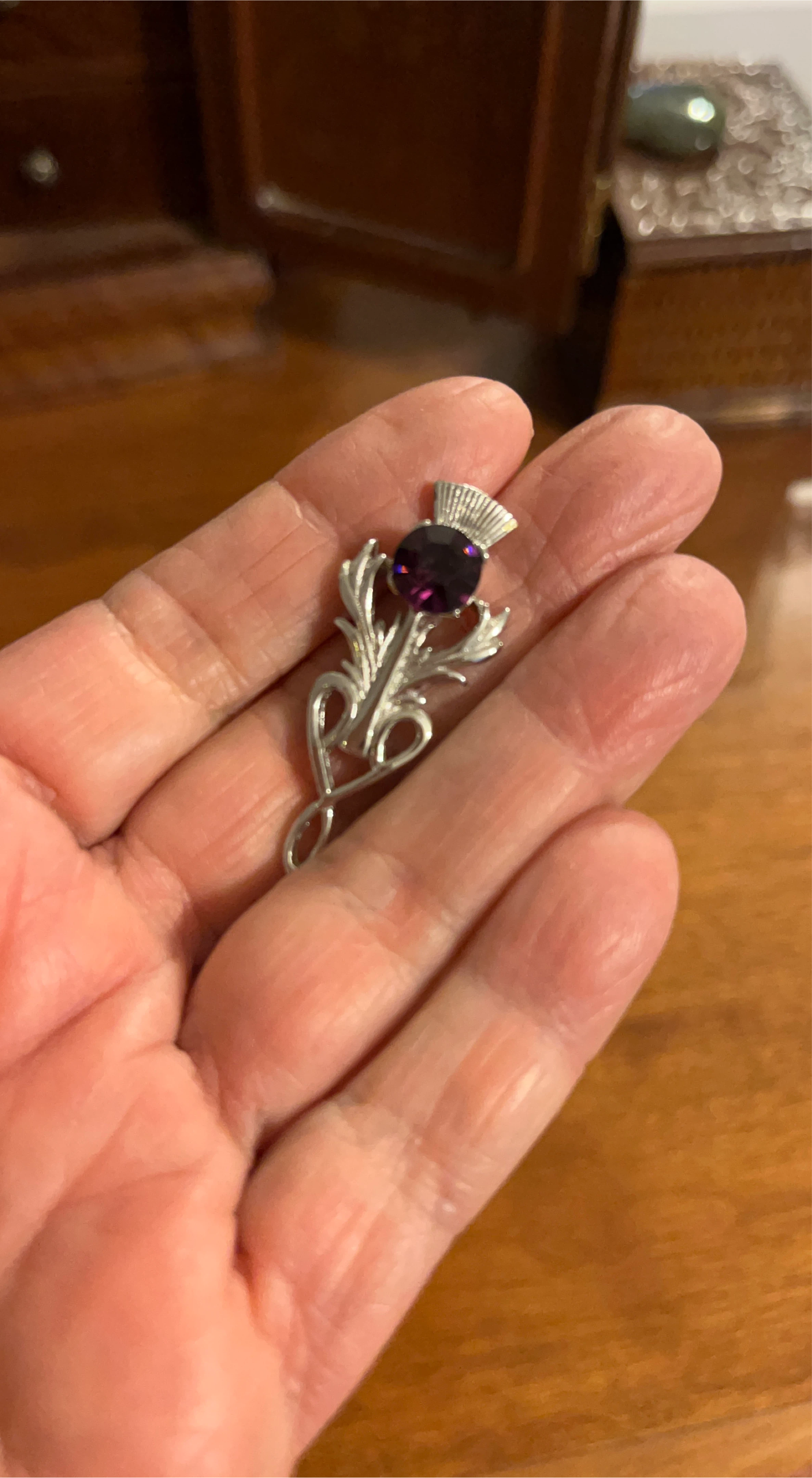 Silver Tone Brooch with Purple Gemstone