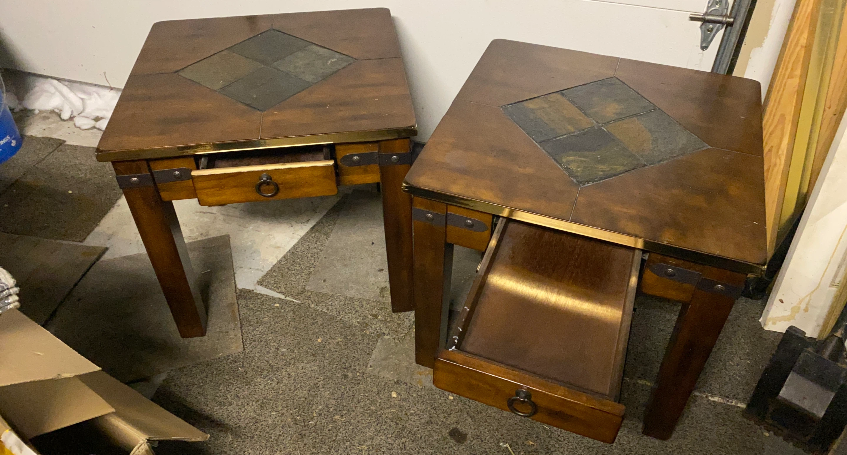 Set of 2 Wooden End Tables with Stone Tile Inlay and Drawer