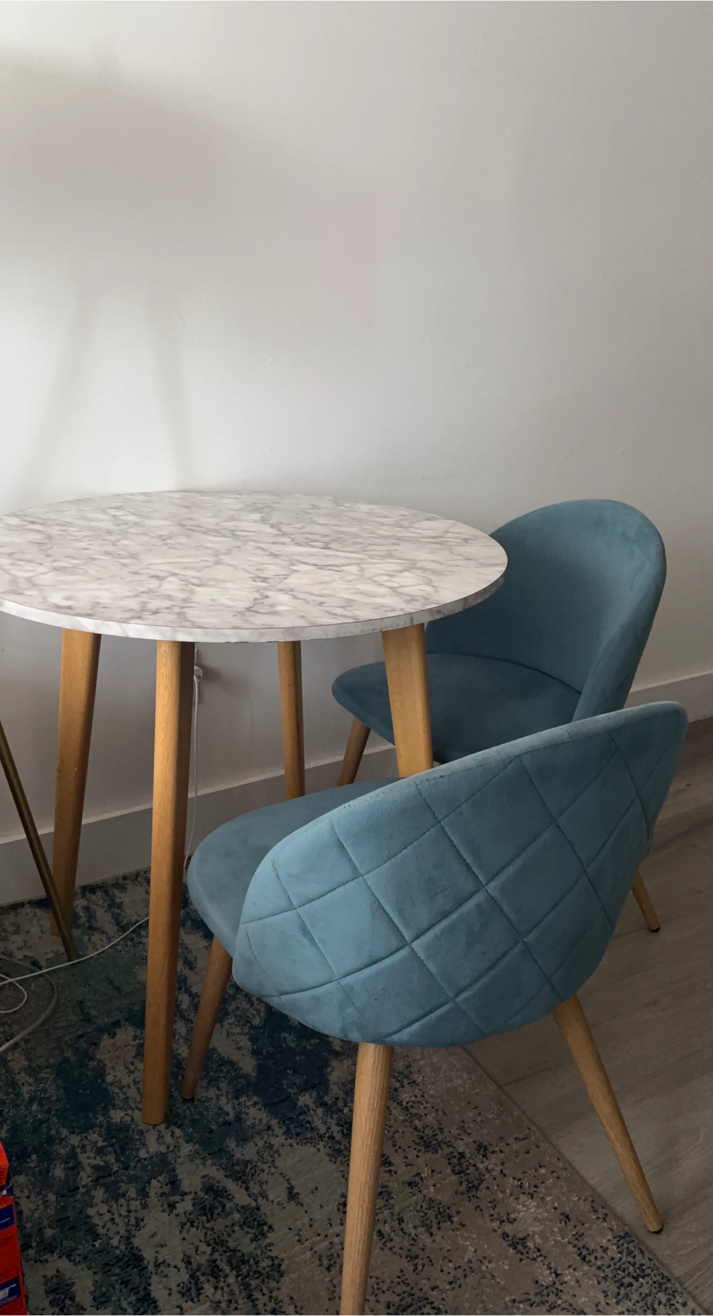 Marble Top Round Dining Table with 2 Teal Chairs