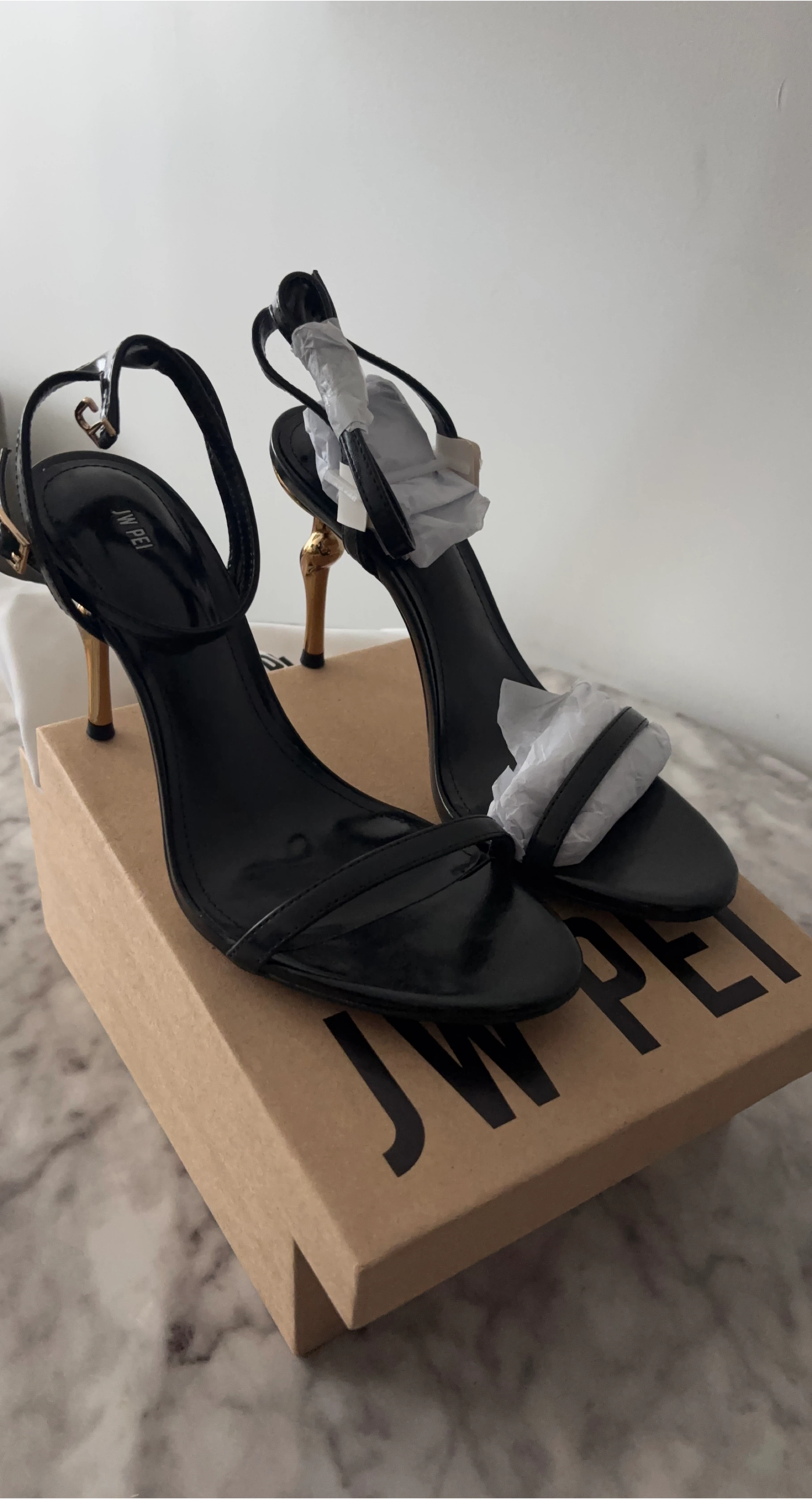JW PEI Black Patent Leather Ankle Strap Heels