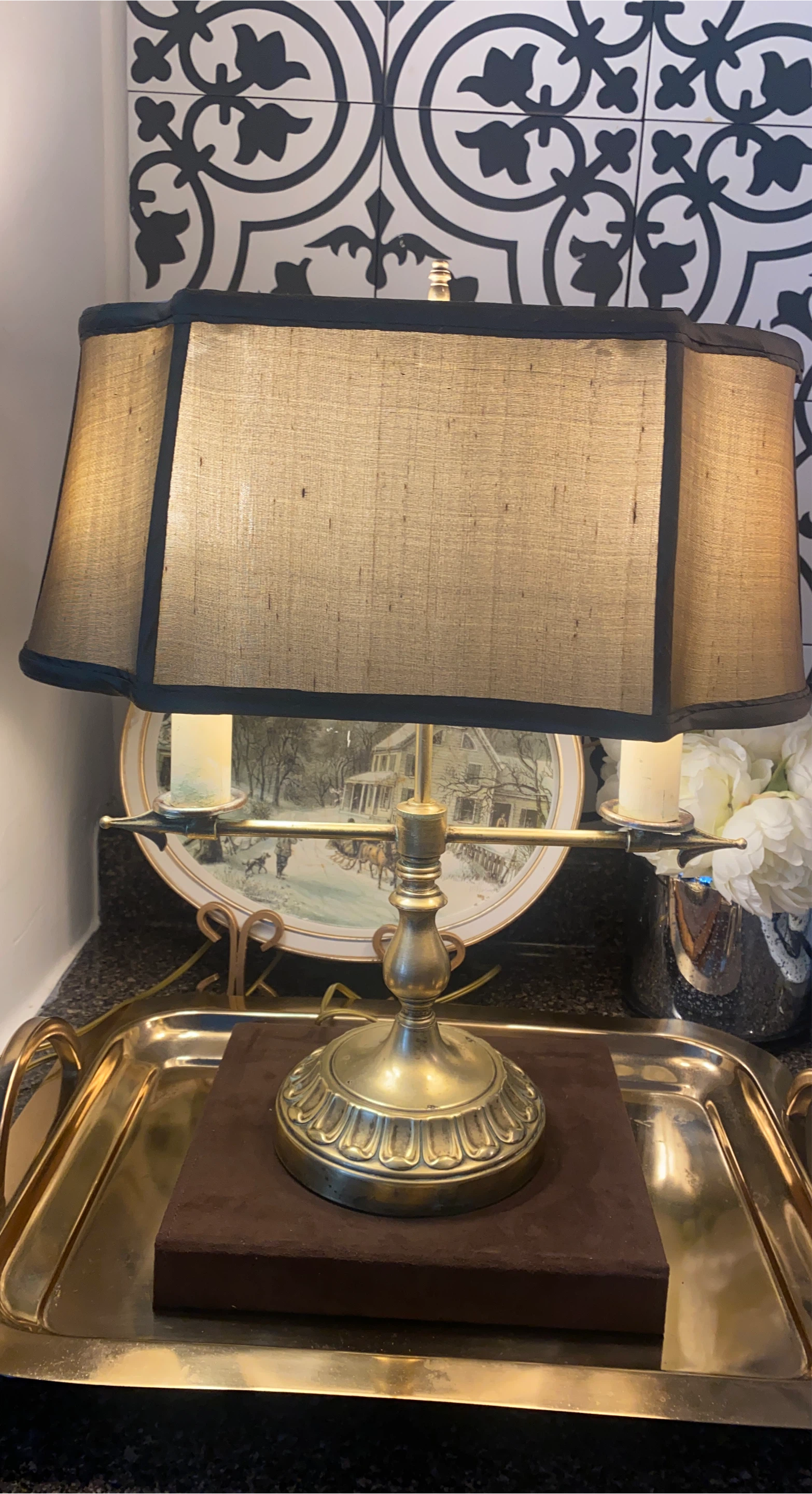 Vintage Brass Two-Light Lamp with Harp and Shade
