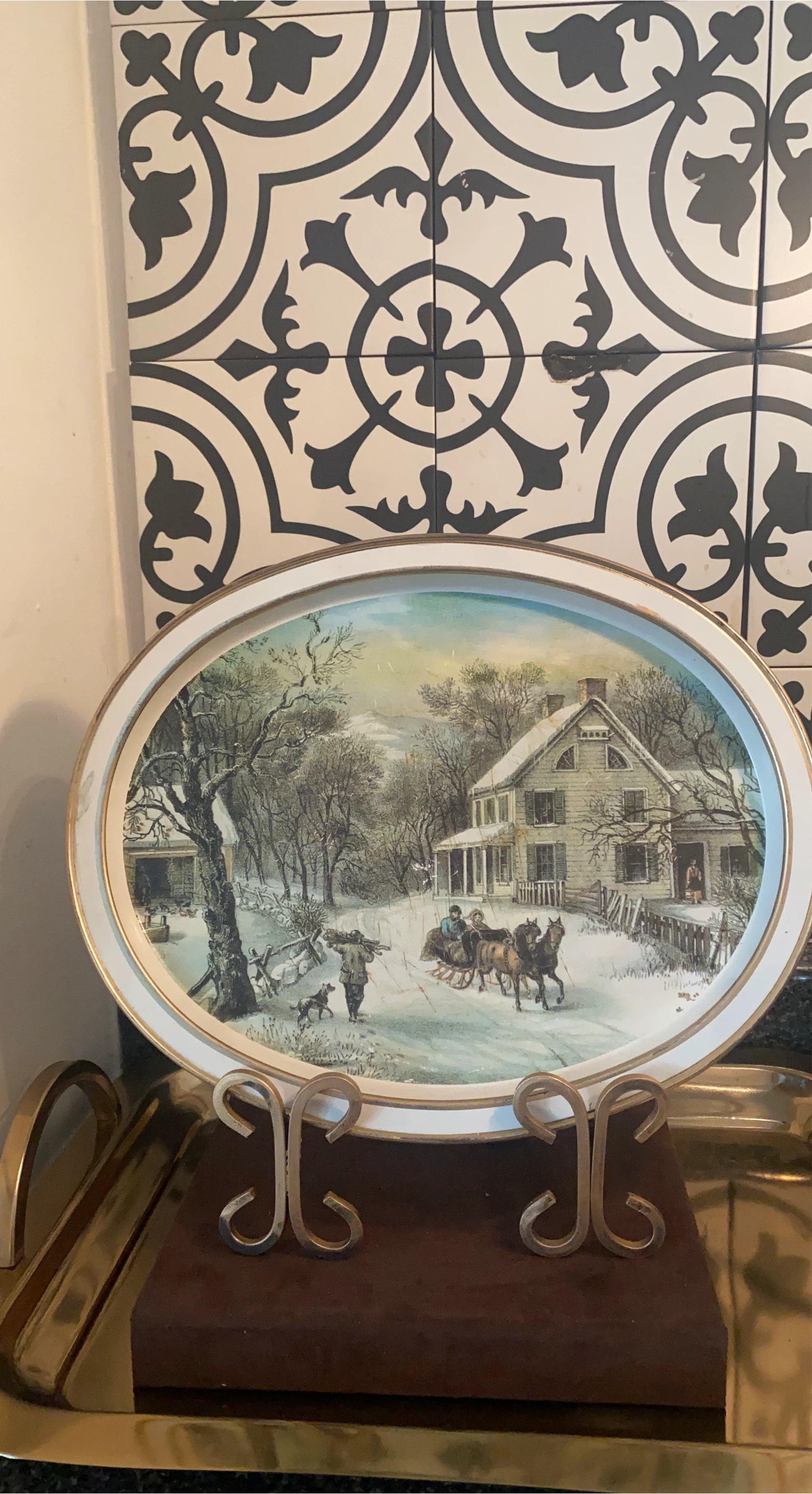 Vintage Oval Tray with Winter Scene Art