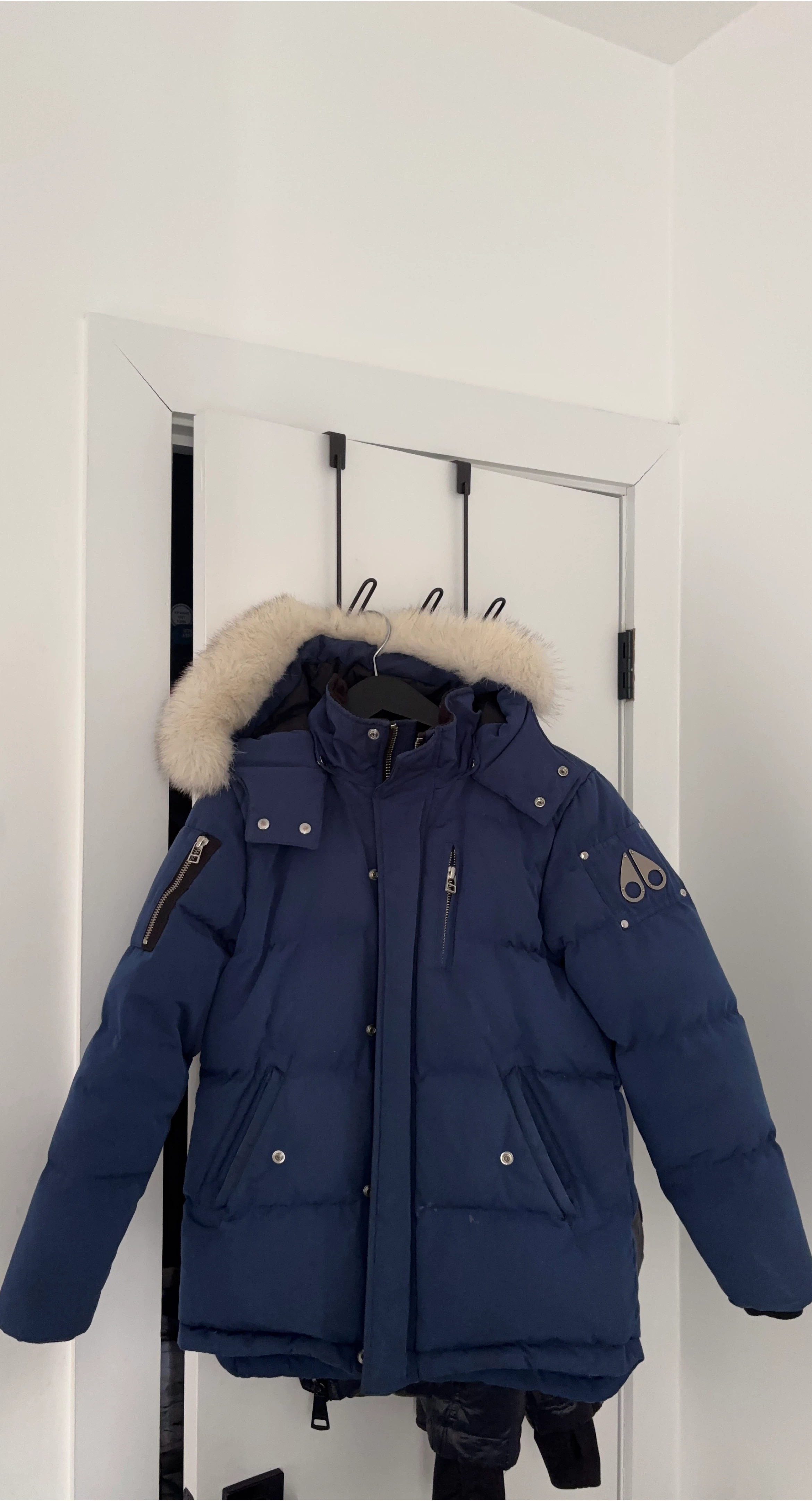 Kids Moose Knuckles Blue Puffer Jacket with Fur Hood