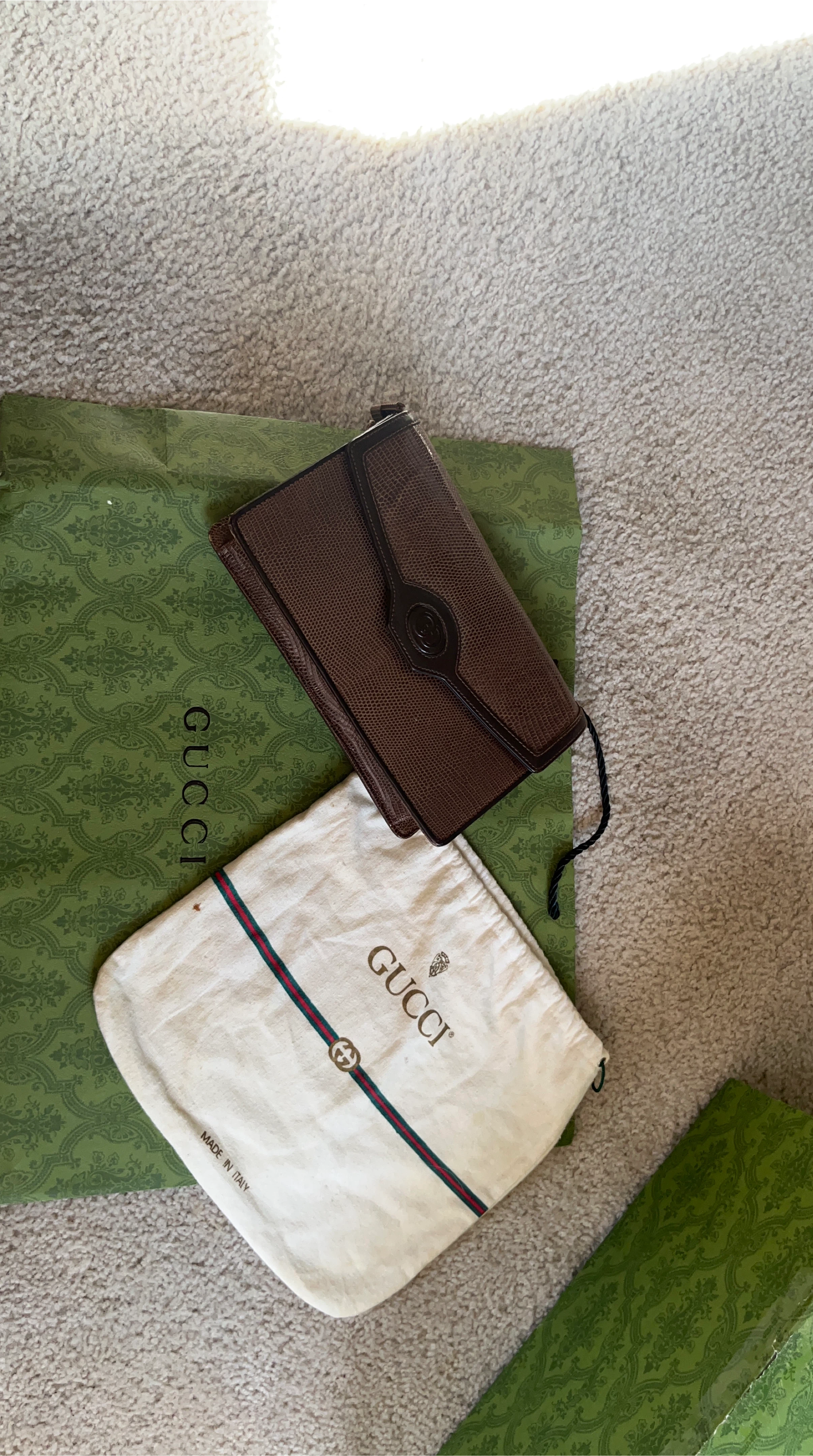 Gucci Brown Lizard skin Monogram Clutch