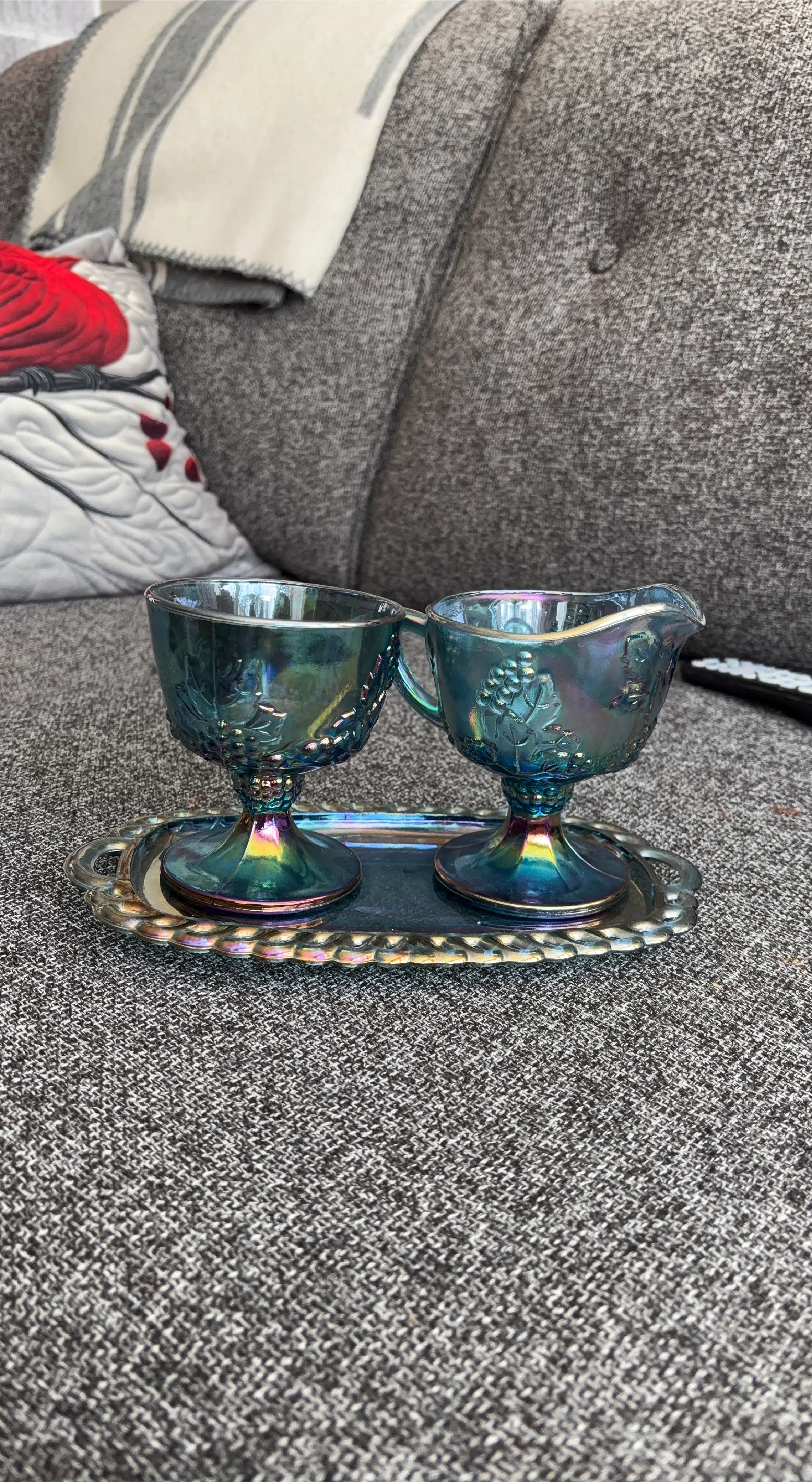 Indiana Glass Iridescent Blue Creamer and Sugar Set