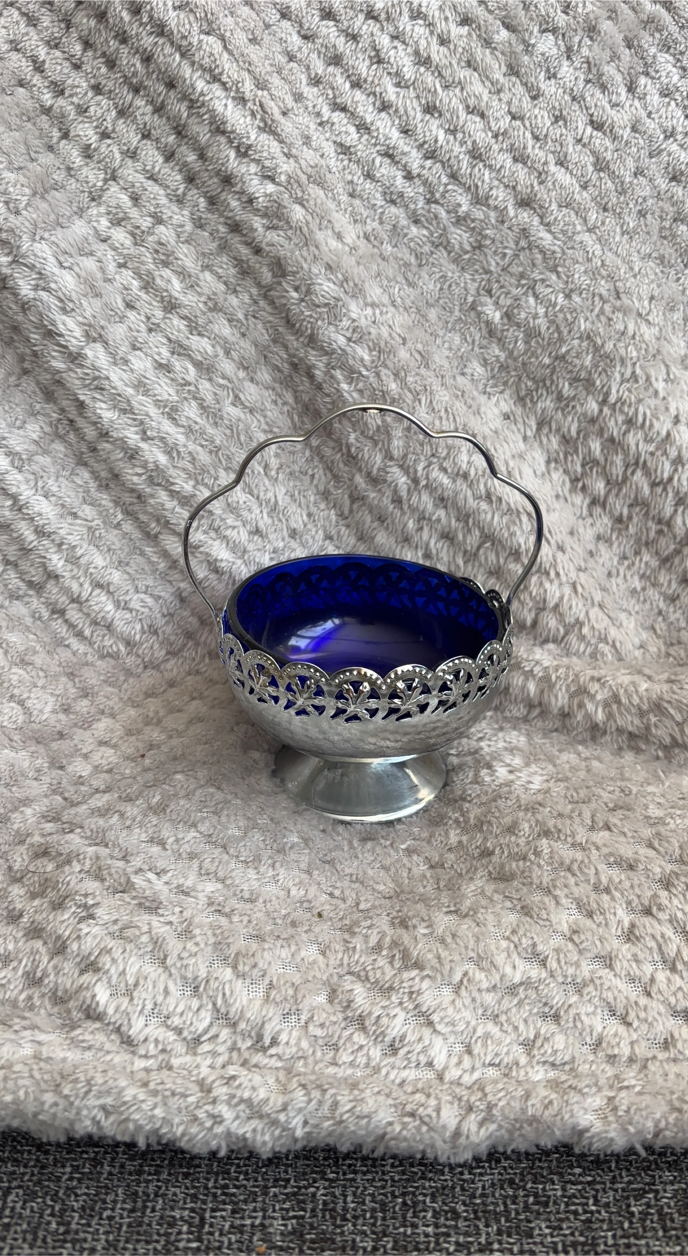 Cobalt Blue Glass Dish with Silver Tone Metal Holder