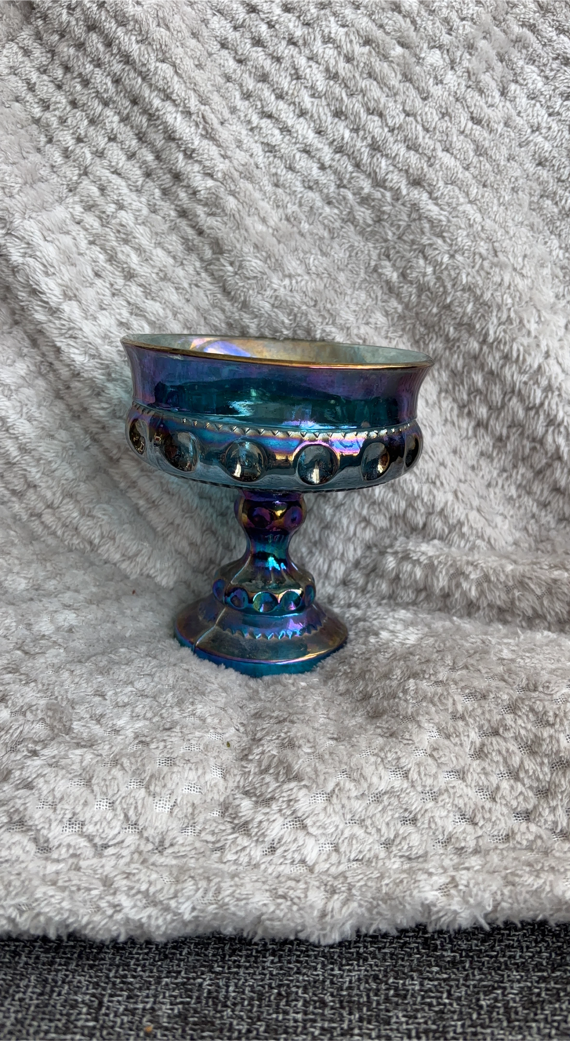 Iridescent Blue Glass Compote Dish
