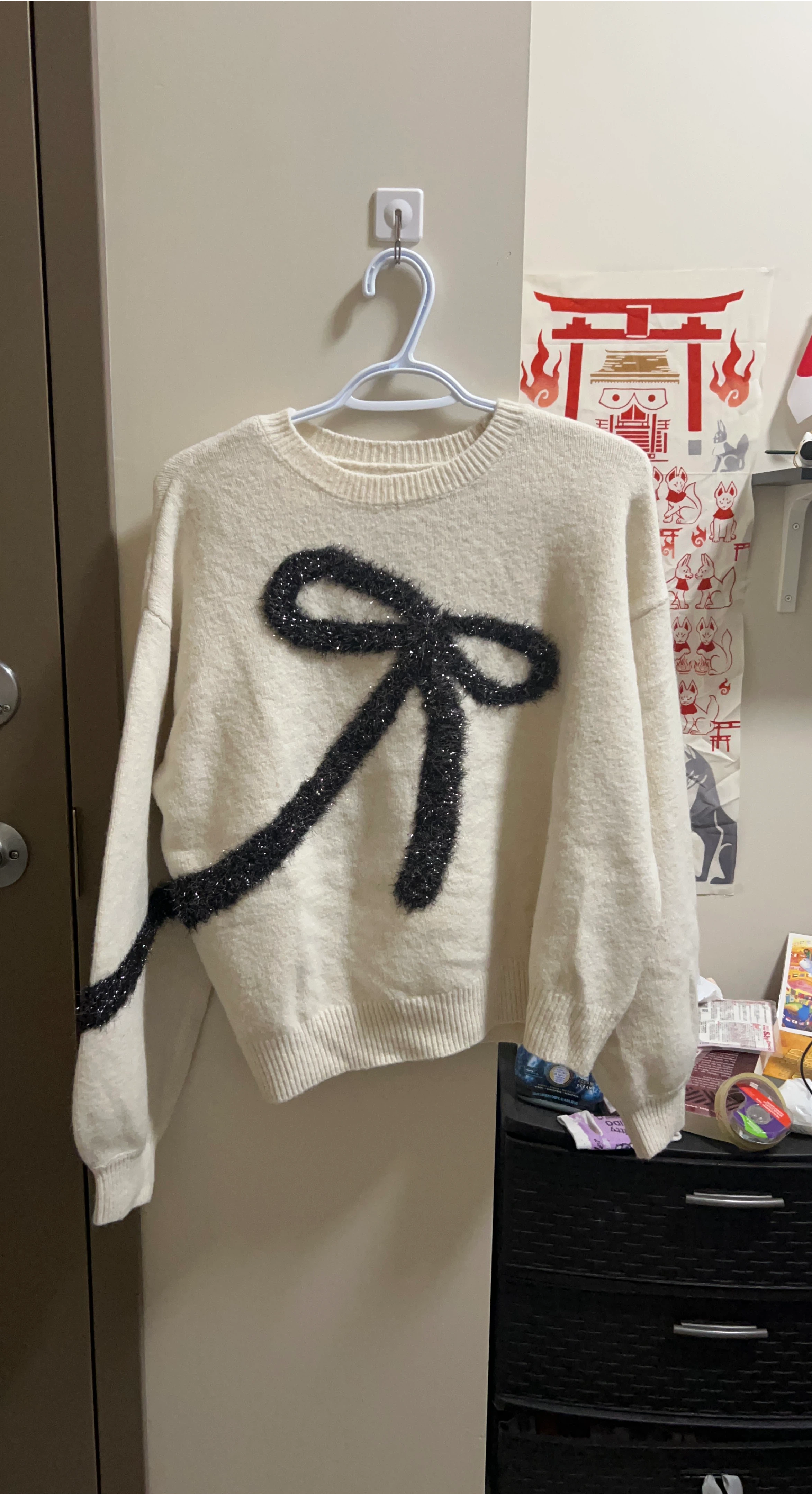 Cream Knit Sweater with Black Sparkle Bow