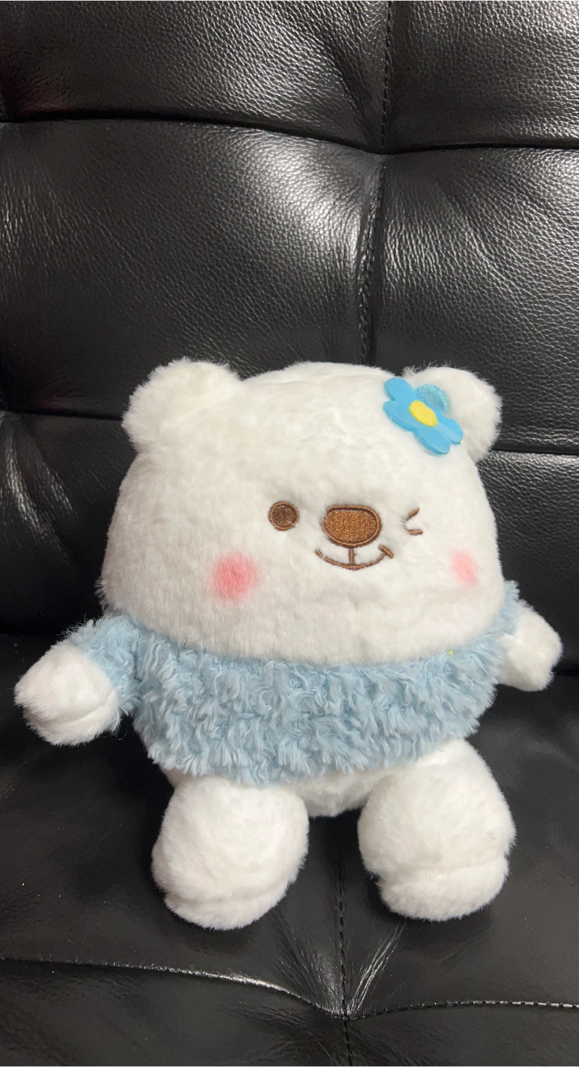 Plush White Bear with Blue Furry Sweater