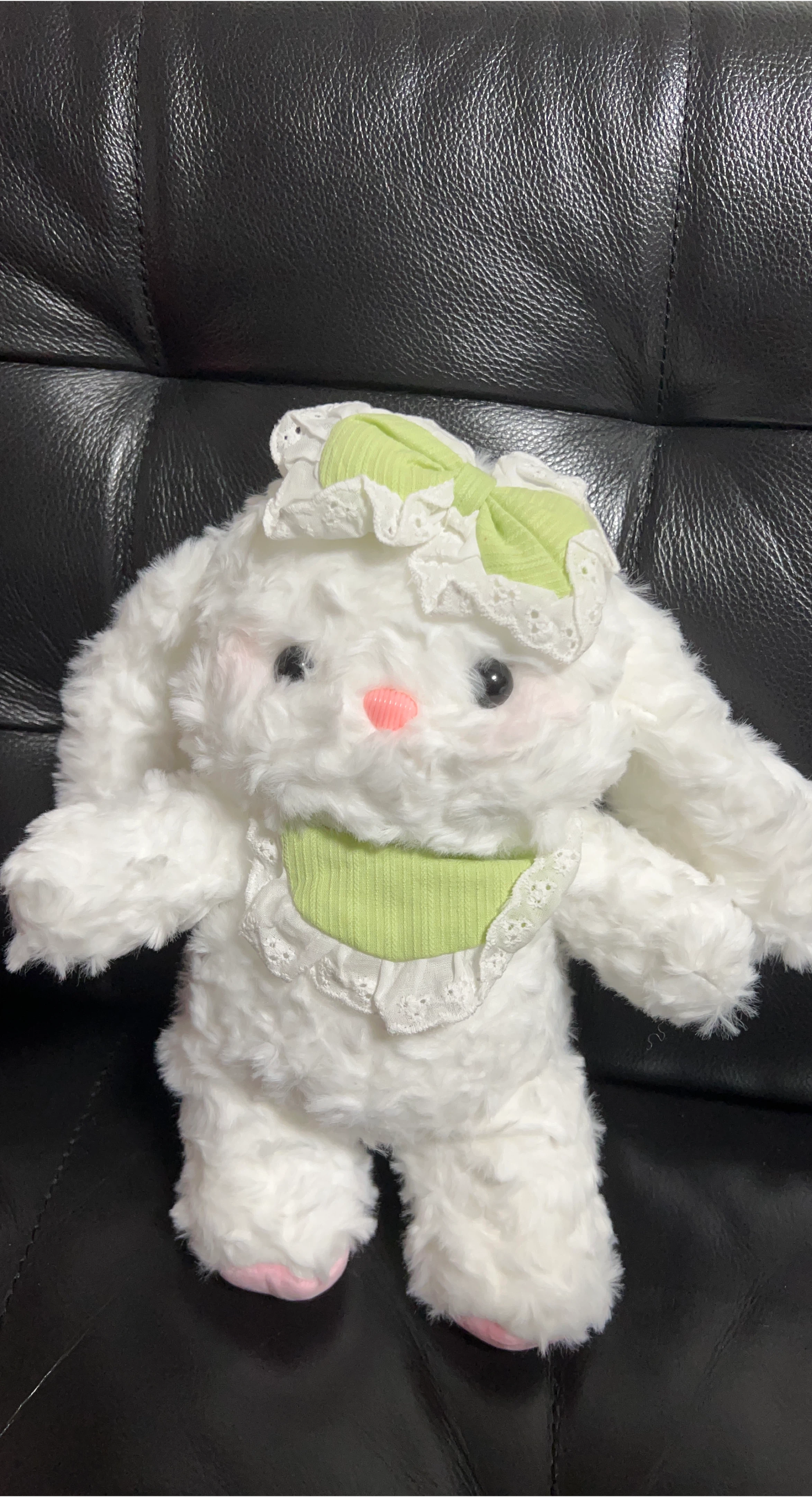 White Bunny Plush Toy with Green Bow and Bib