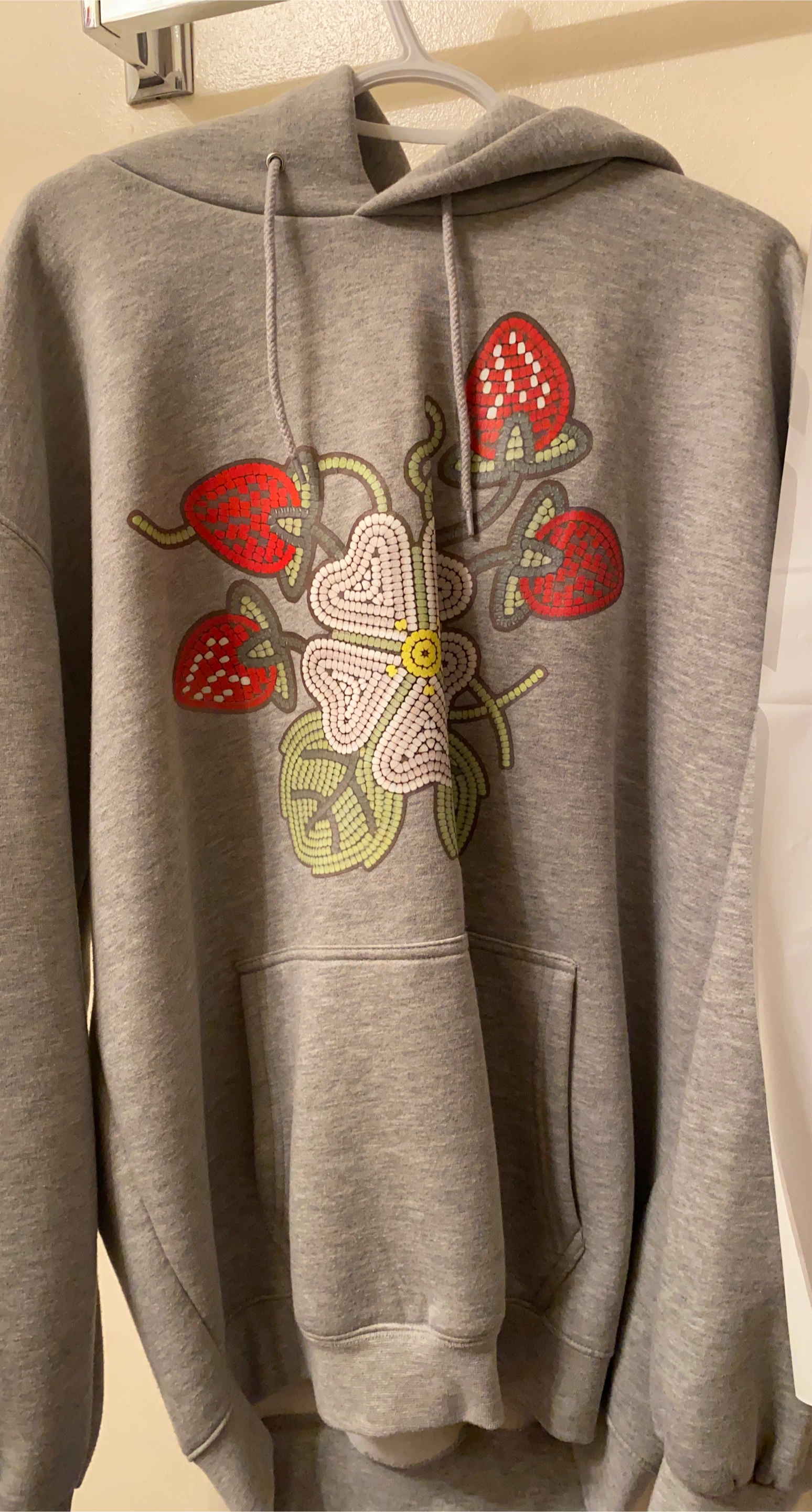 Grey Hoodie with Strawberry and Flower Design