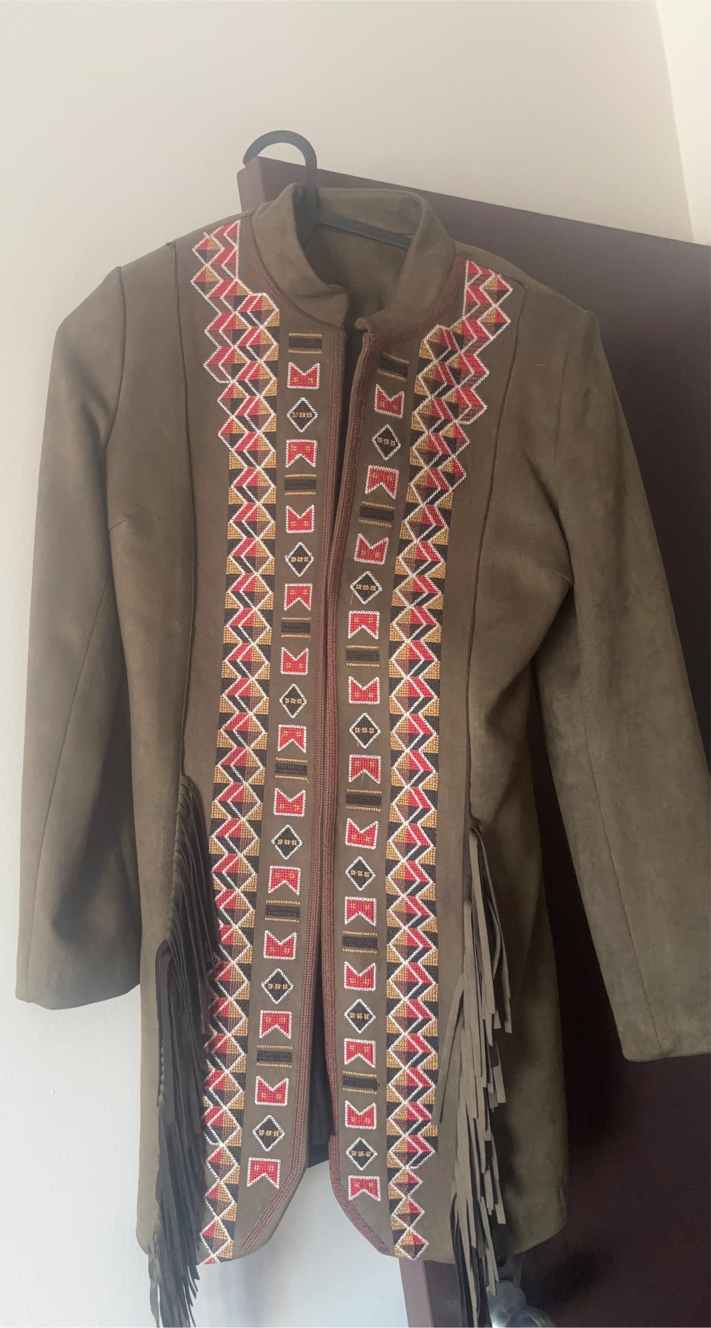 Women's Suede-like Jacket with Geometric Embroidery and Fringe