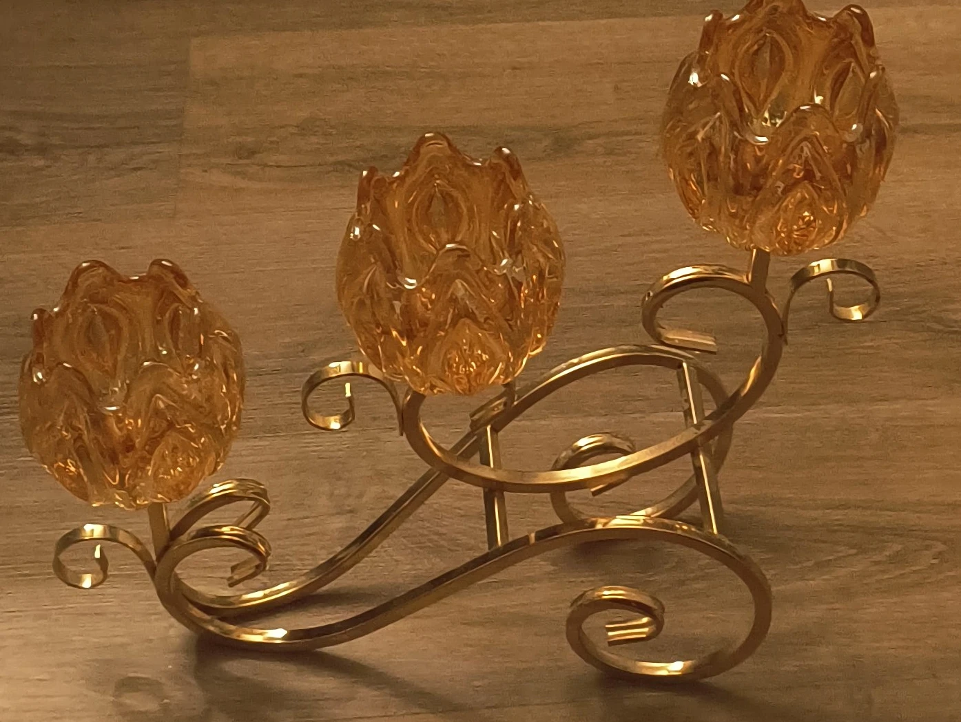 Gold Metal 3-Candle Candelabra with Amber Glass Shades