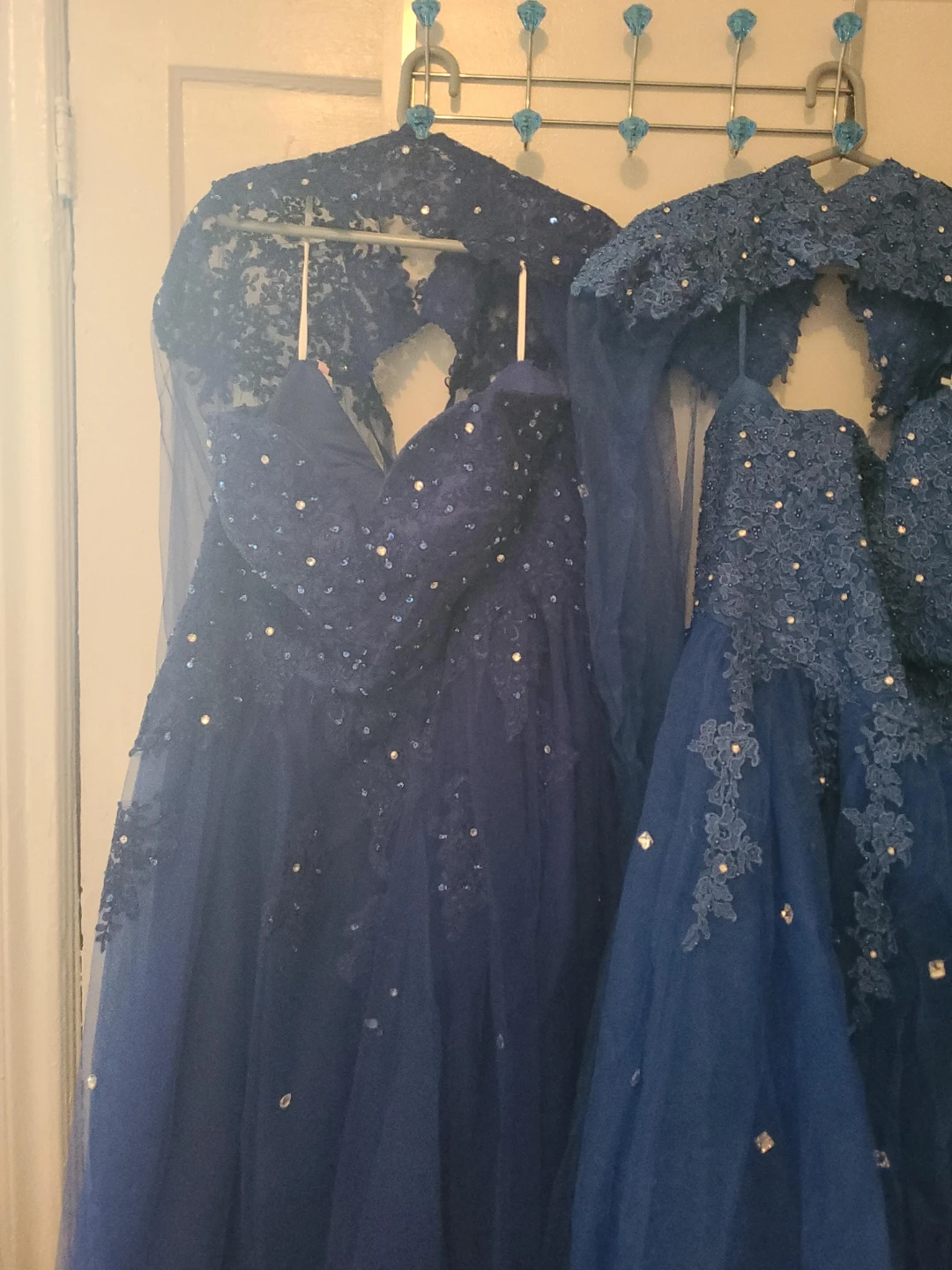 Navy Blue Embellished Formal Gowns with Matching Shrugs