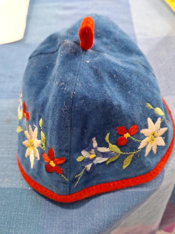Blue Embroidered Hat with Red Trim