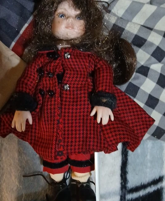 Vintage Porcelain Doll in Red Houndstooth Coat