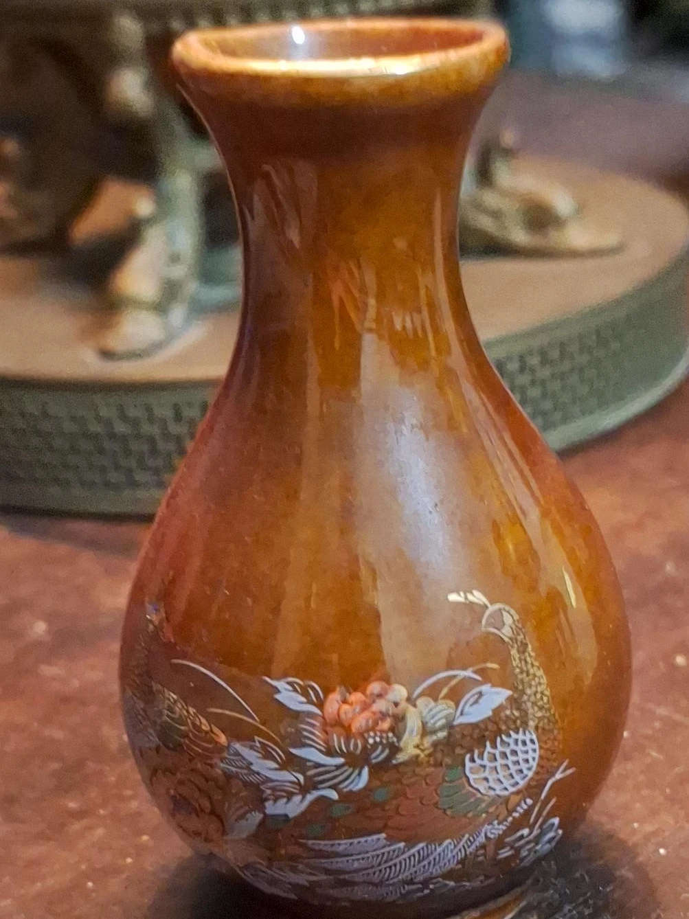 Small Brown Vase with Peacock Design