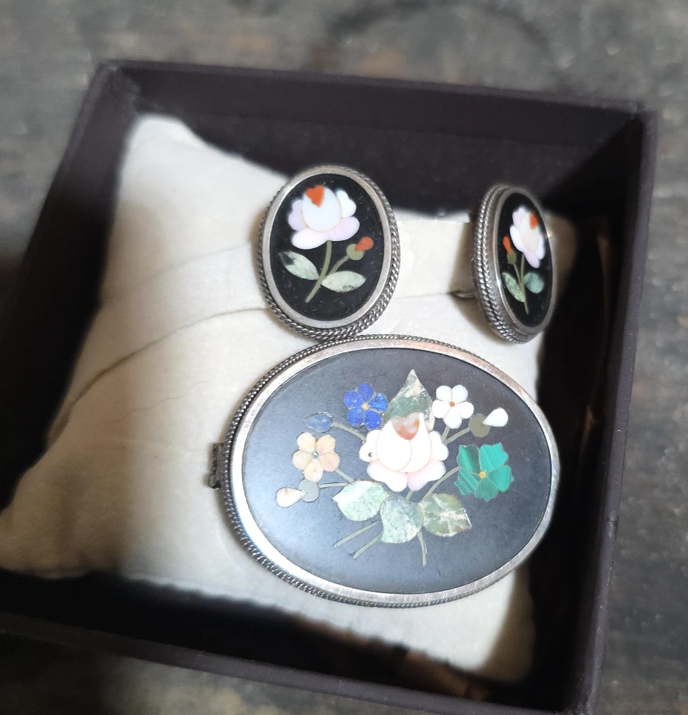 Vintage Mosaic Floral Brooch & Earrings Set