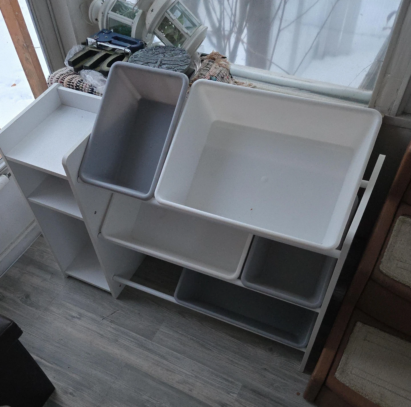 White Shelf Unit with Bins