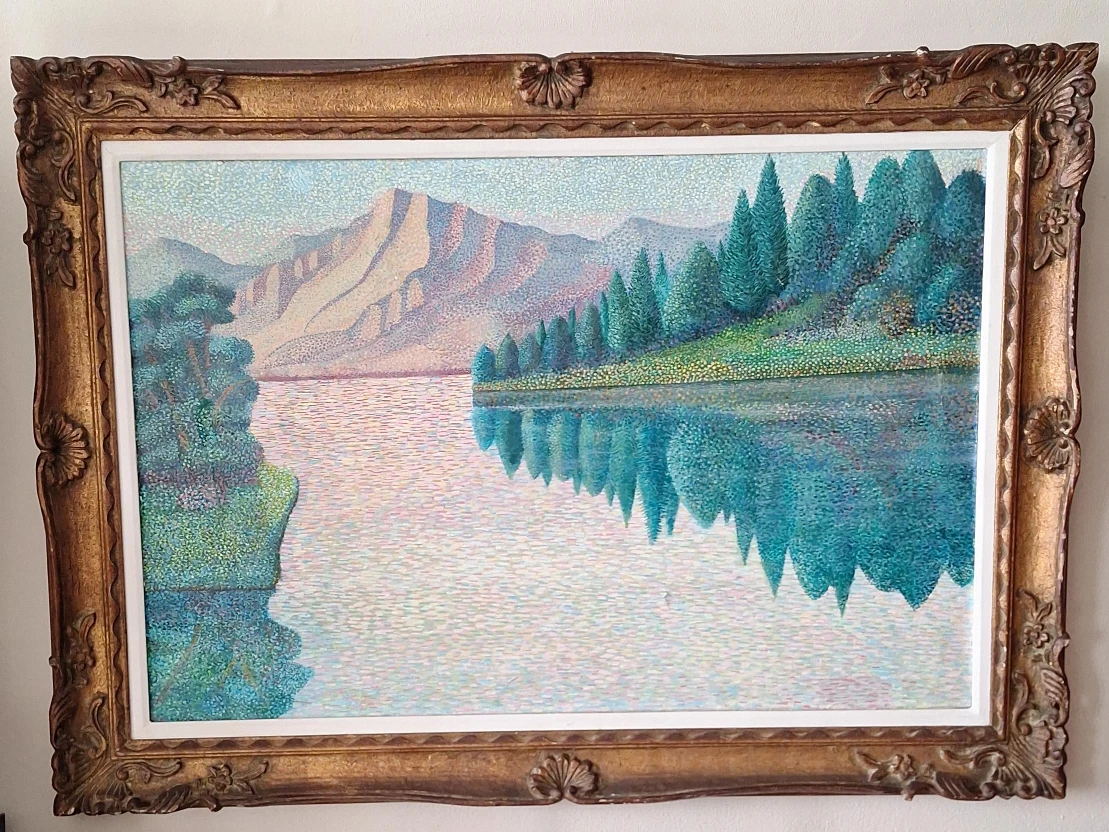 Framed Pointillist Landscape Painting