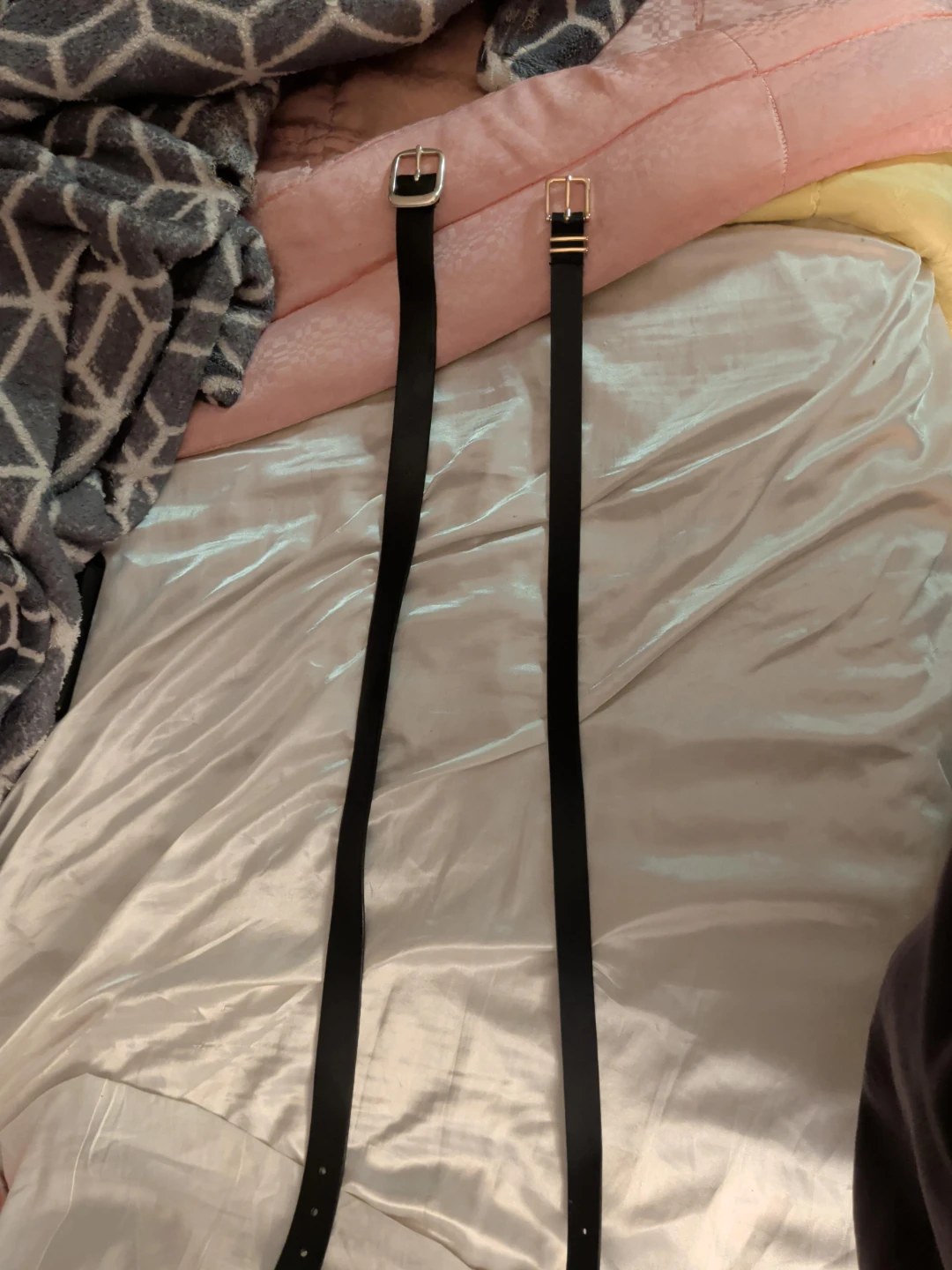 2 Black Leather Belts with Silver and Gold Buckles