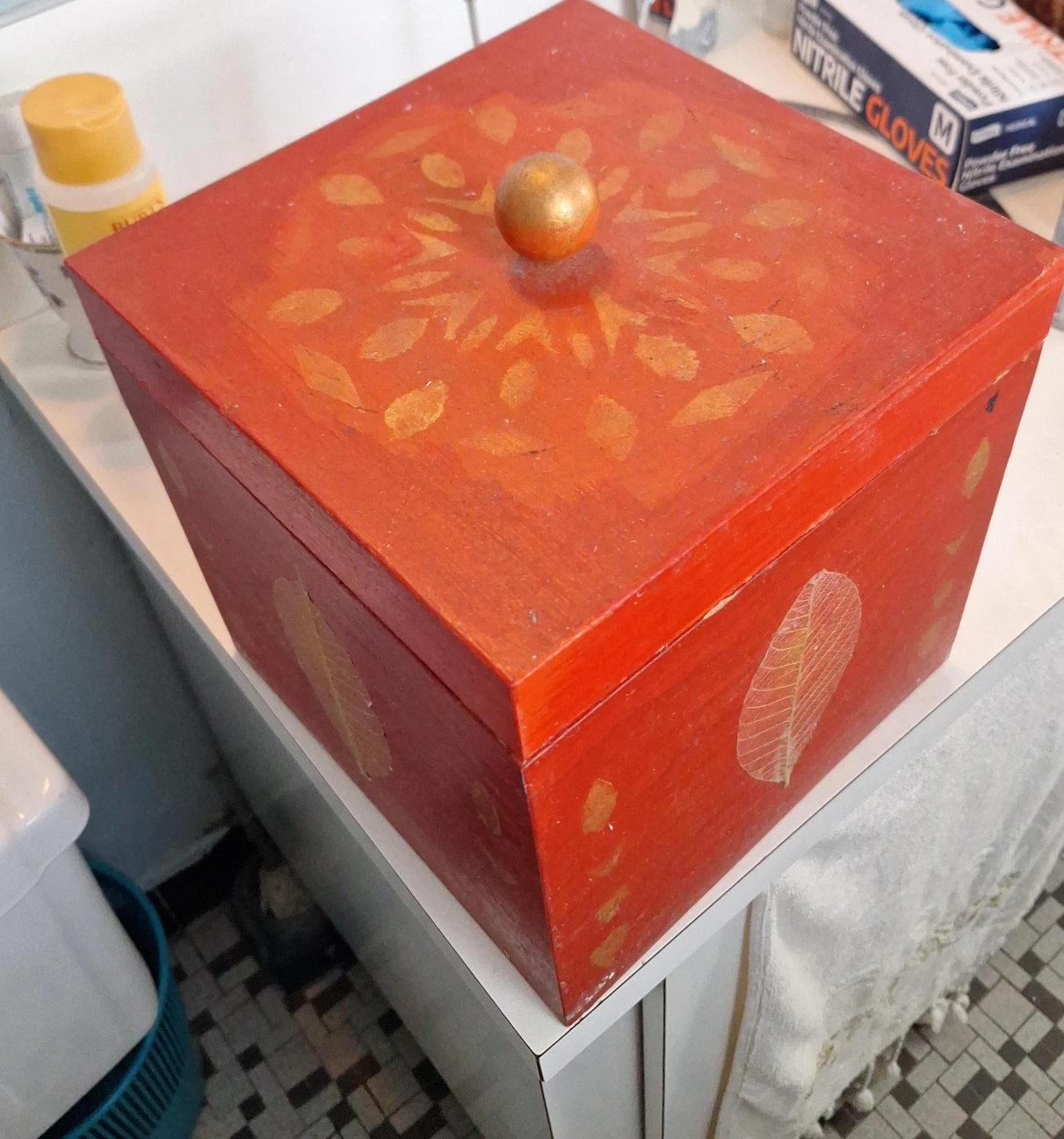 Red Wooden Box with Leaf Design