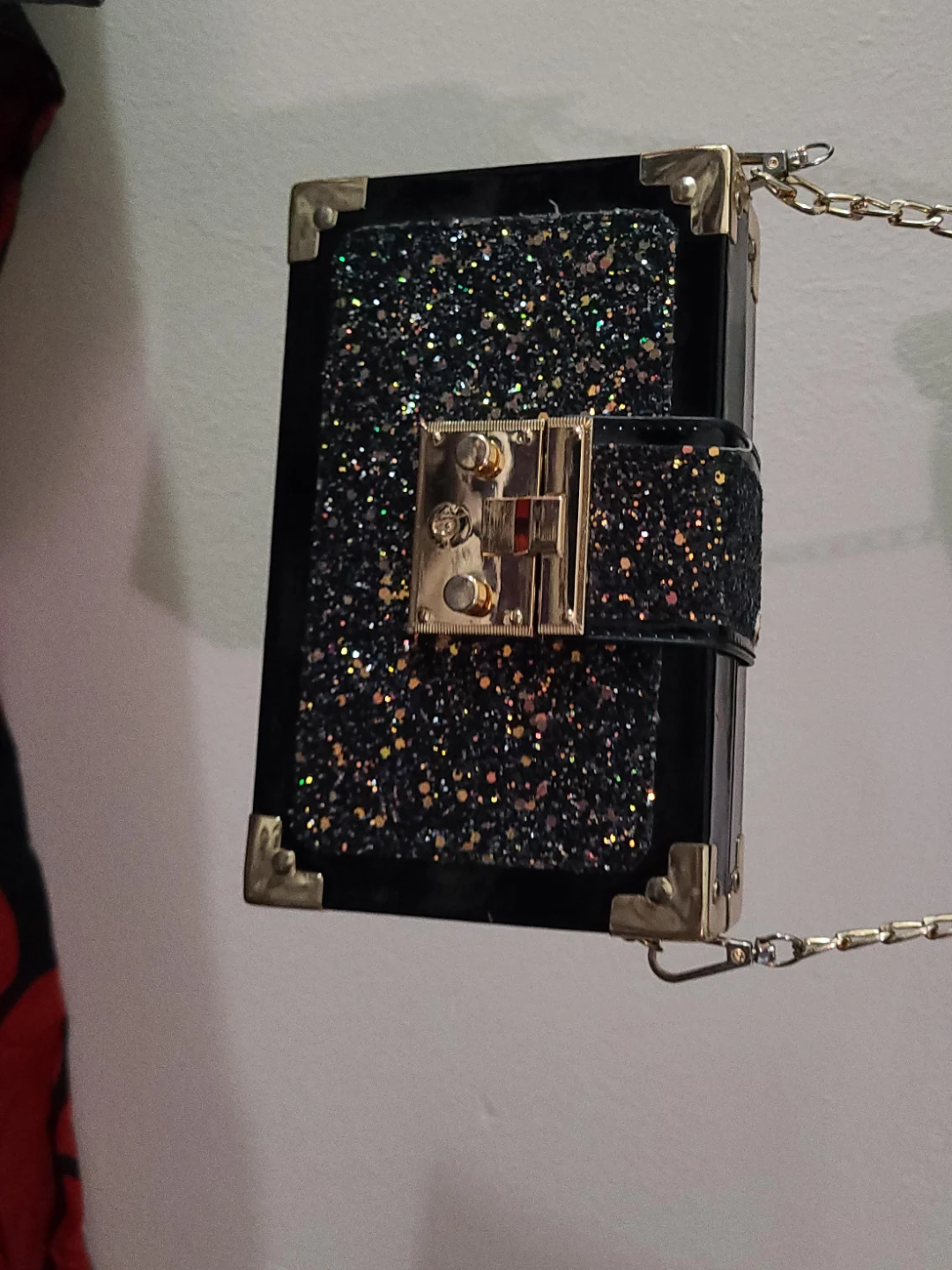 Black Glitter Box Clutch Purse with Chain