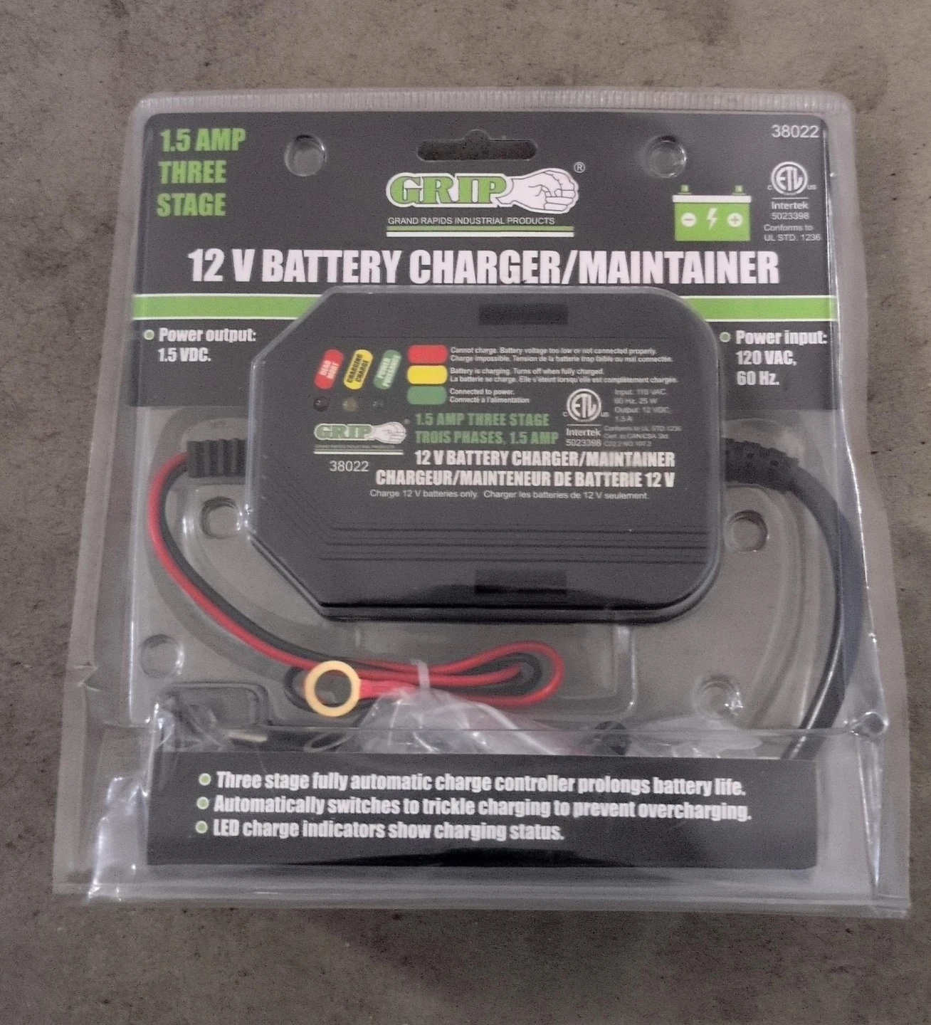 Grip 1.5 Amp 12V Battery Charger/Maintainer - NEW