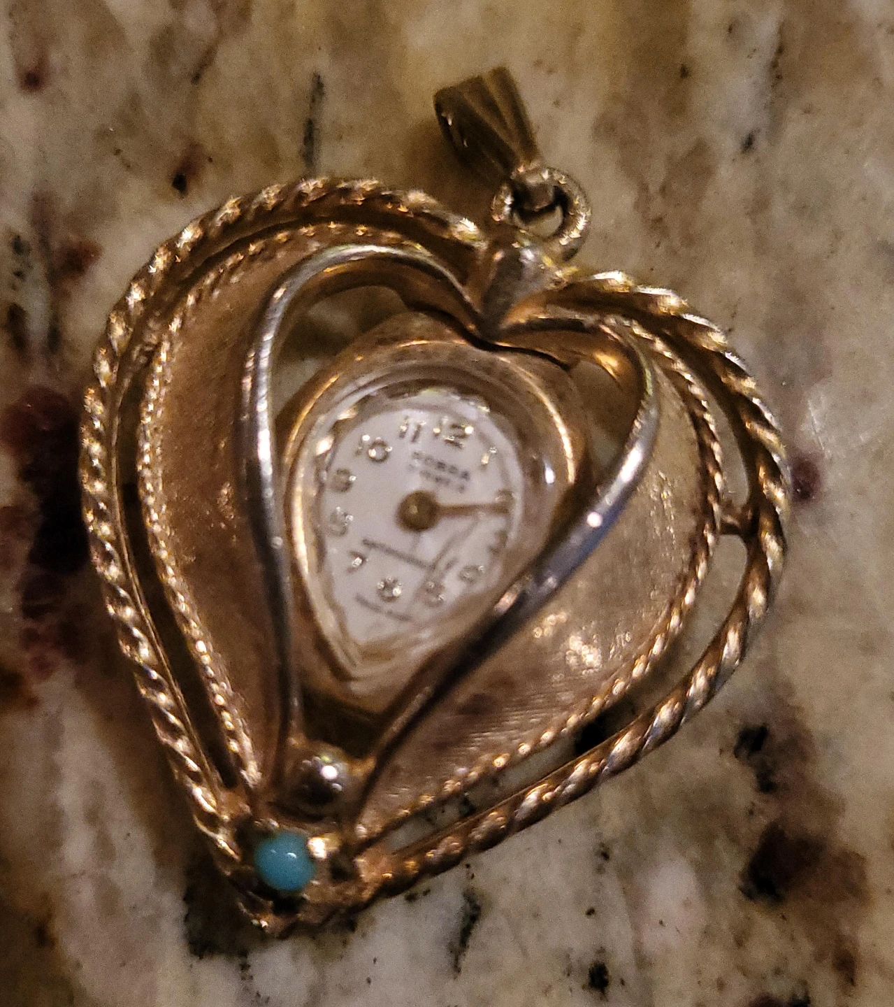 Vintage Gold Tone Heart Pendant Watch with Turquoise Accent