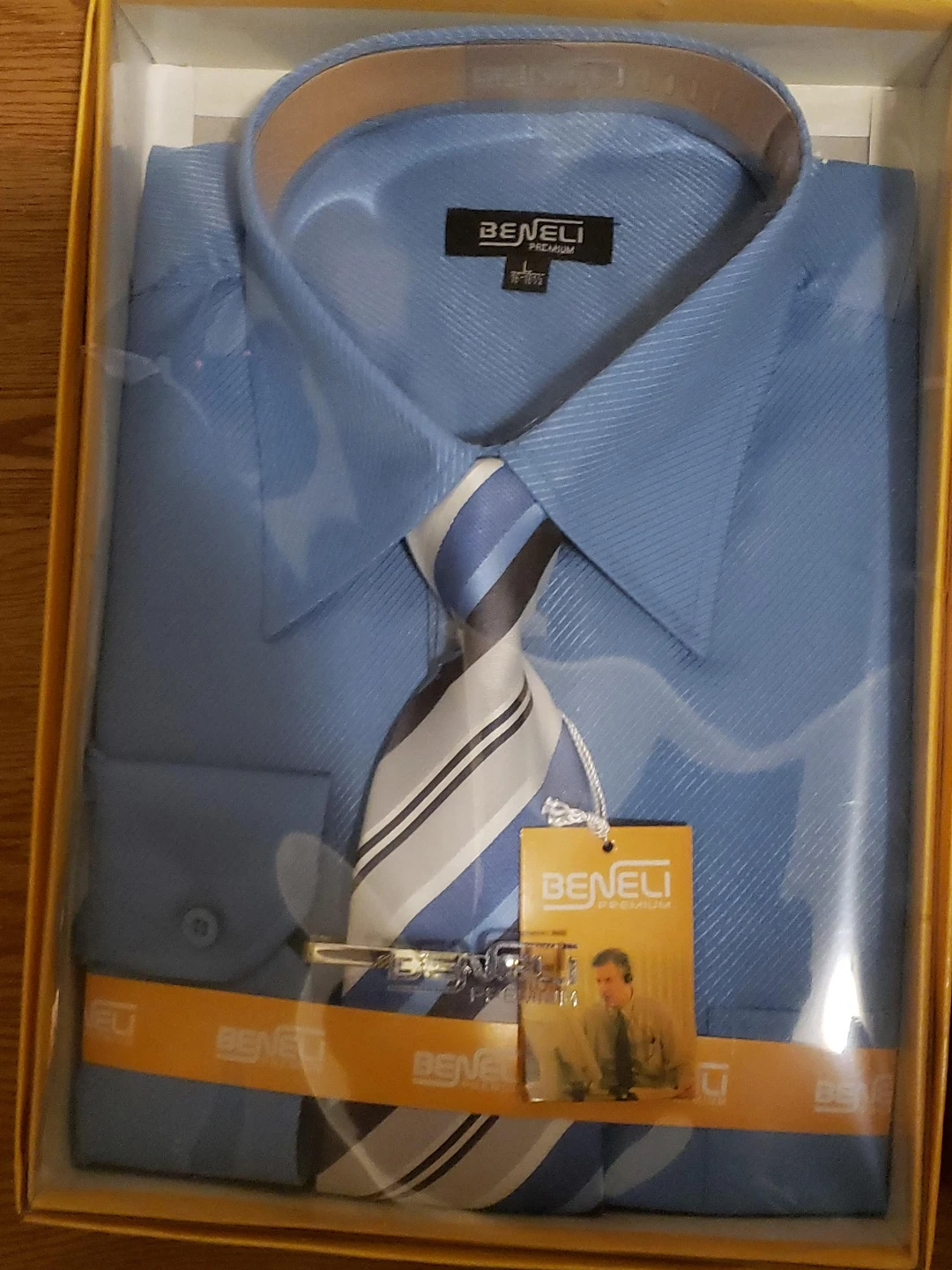 BENELI PREMIUM Men's Dress Shirt and Tie Set - Blue - Size L
