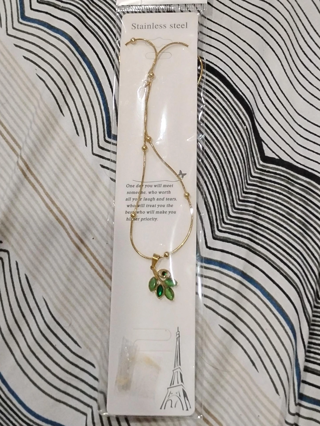 Stainless Steel Necklace - Gold with Green Leaves